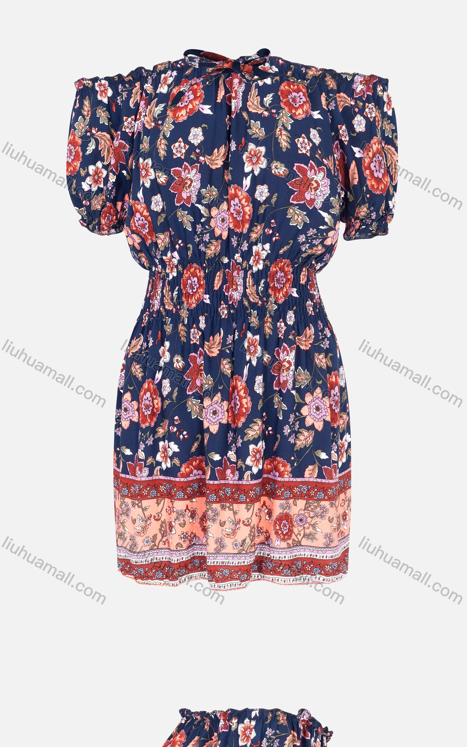 Wholesale Women's Casual Off Shoulder Short Sleeve Tie Front Pleated Floral Print Short Dress - Liuhuamall