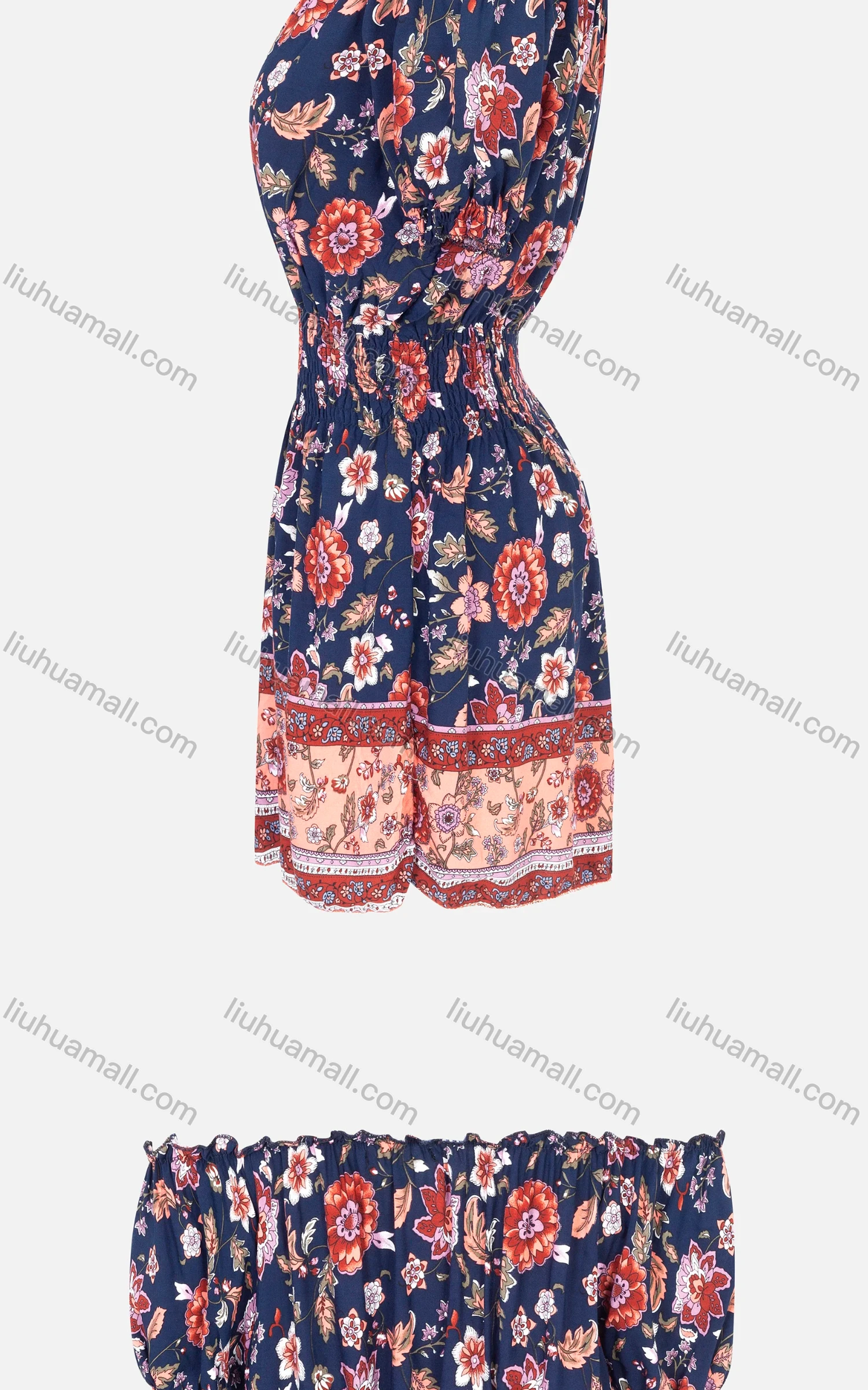 Wholesale Women's Casual Off Shoulder Short Sleeve Tie Front Pleated Floral Print Short Dress - Liuhuamall