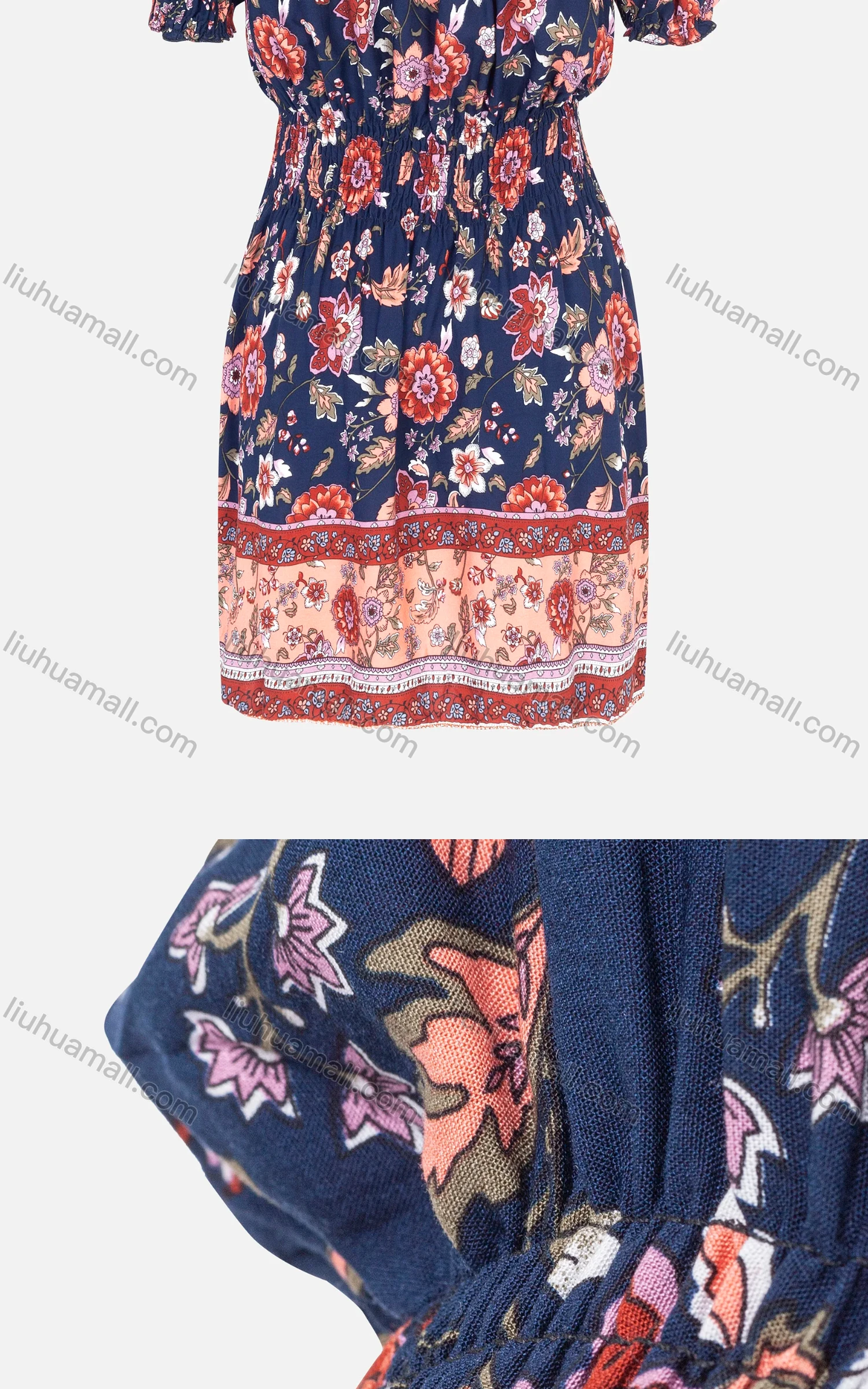 Wholesale Women's Casual Off Shoulder Short Sleeve Tie Front Pleated Floral Print Short Dress - Liuhuamall