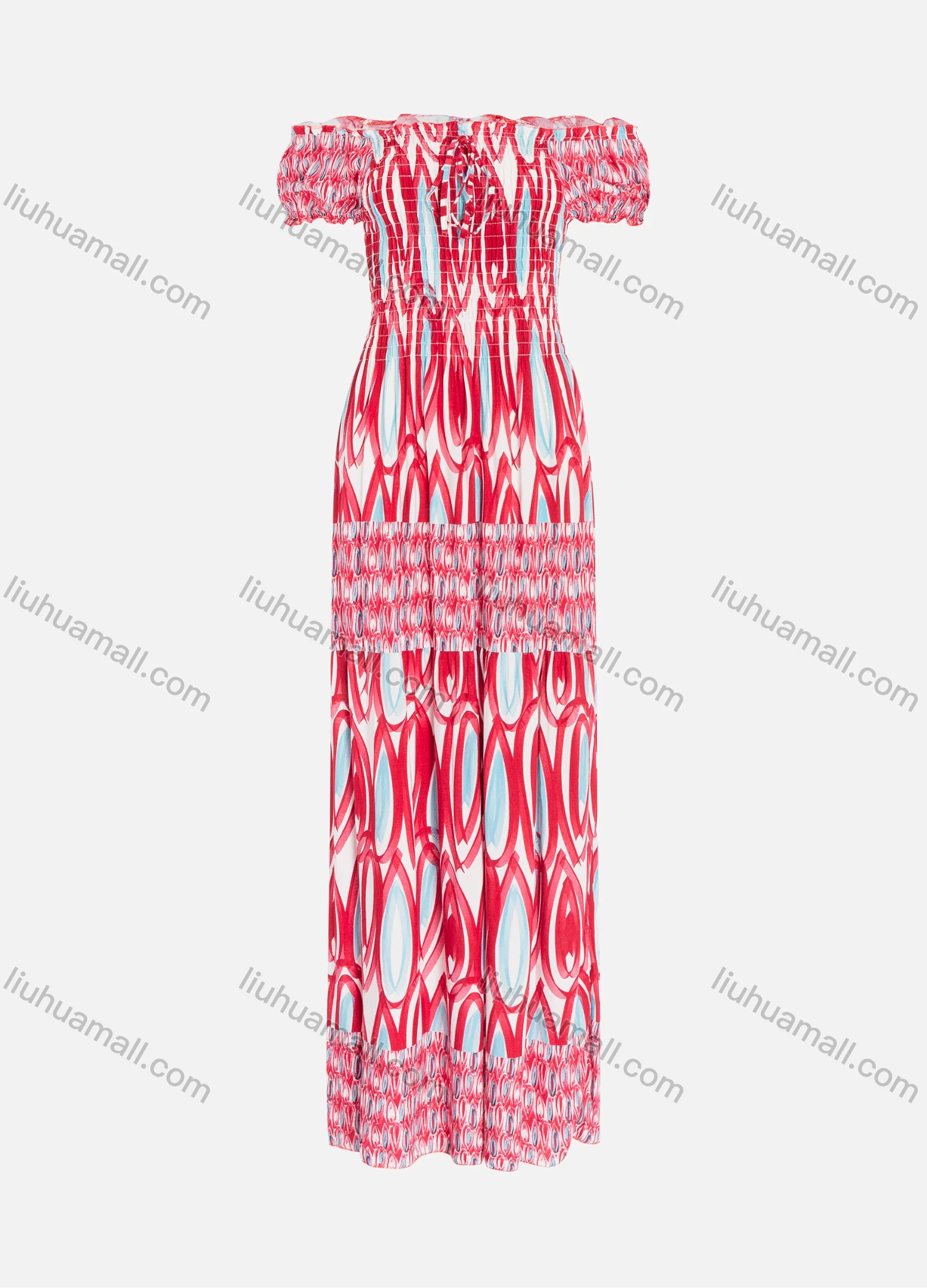 Wholesale Women's Off Shoulder Shirred Puff Sleeve Tie Front Abstract Print Pleated Maxi Dress - Liuhuamall