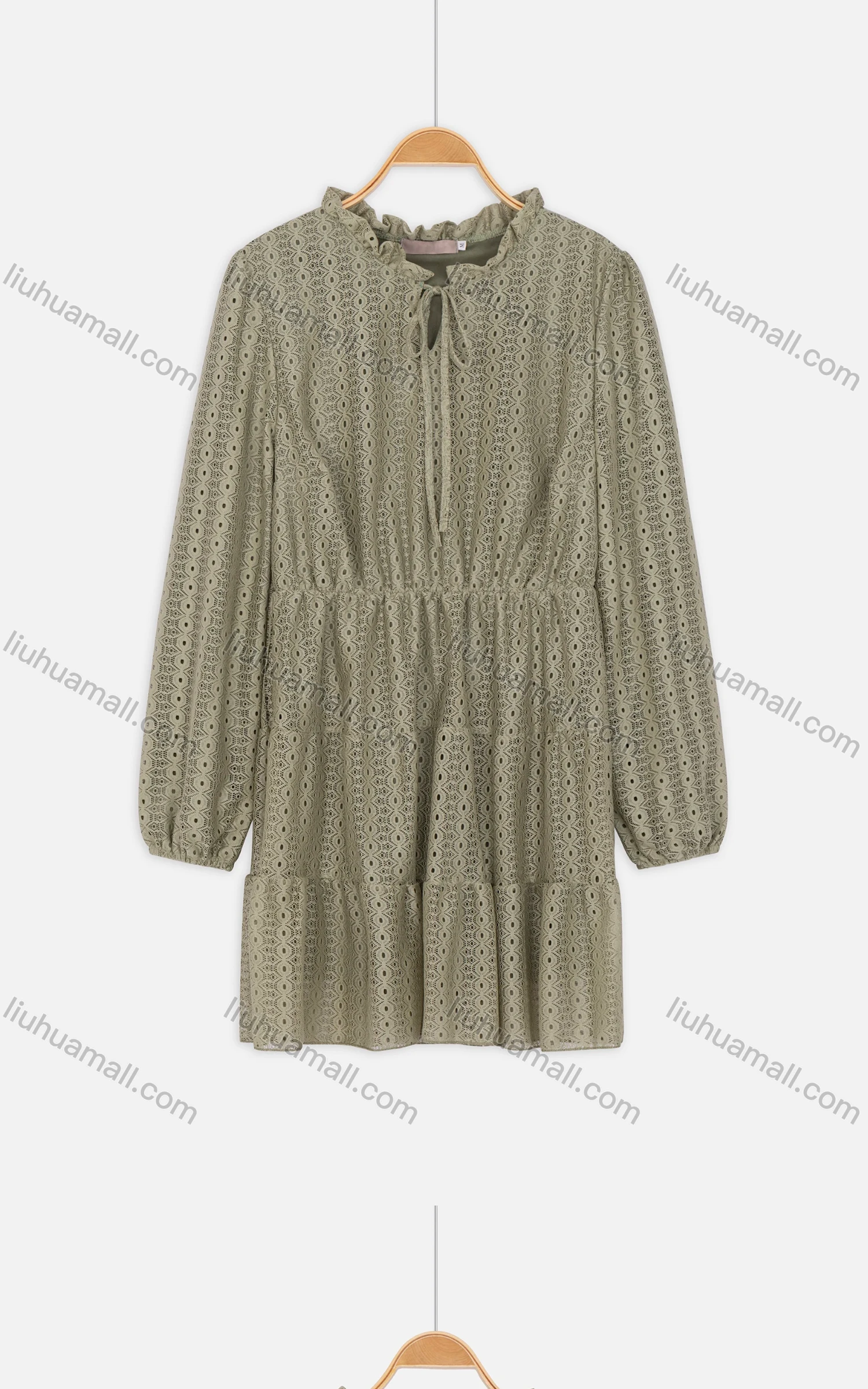 Wholesale Woman's Casual Frill Neck Tie Front Long Sleeve Eyelet Embroidered Plain Short Dress - Liuhuamall