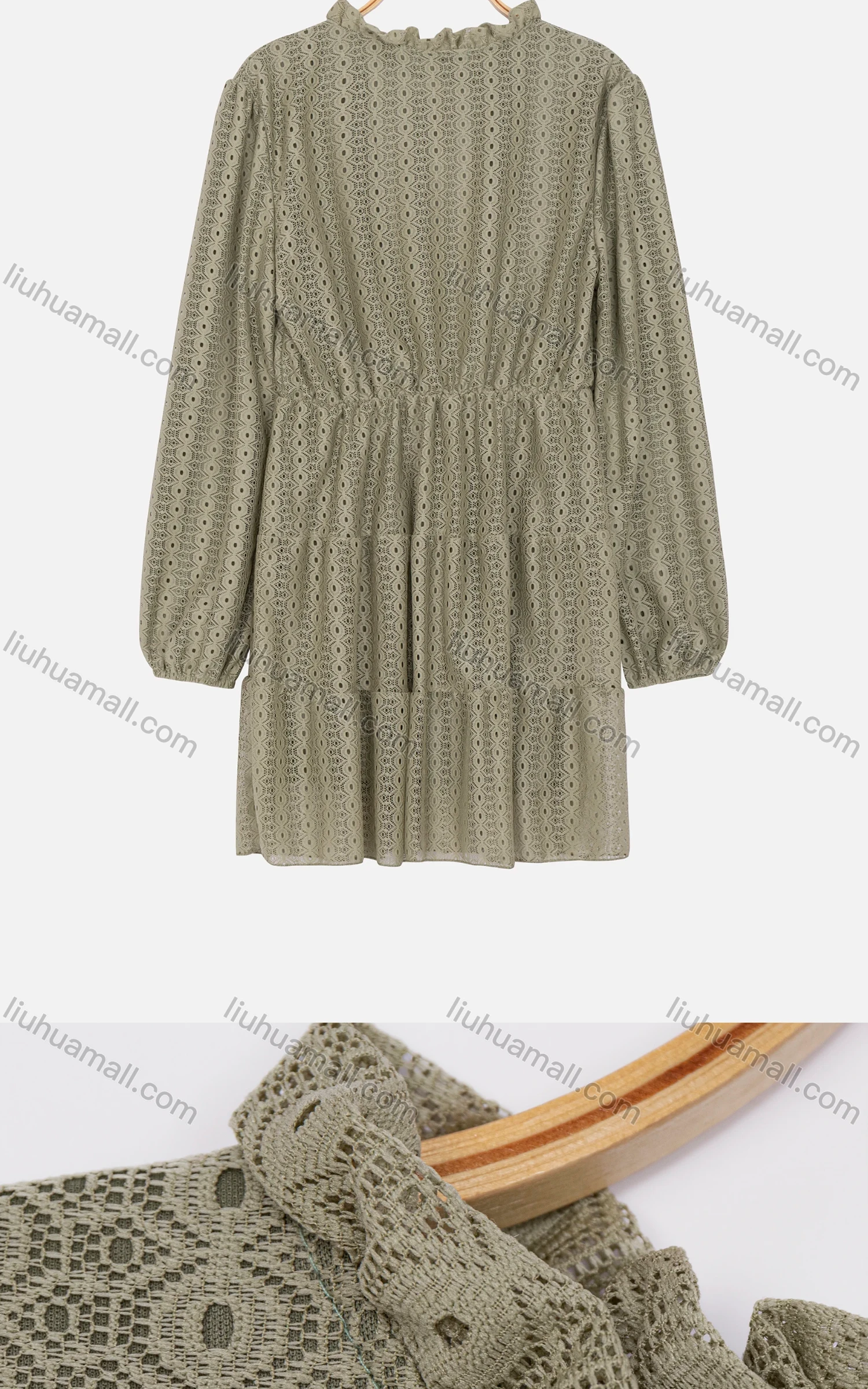Wholesale Woman's Casual Frill Neck Tie Front Long Sleeve Eyelet Embroidered Plain Short Dress - Liuhuamall