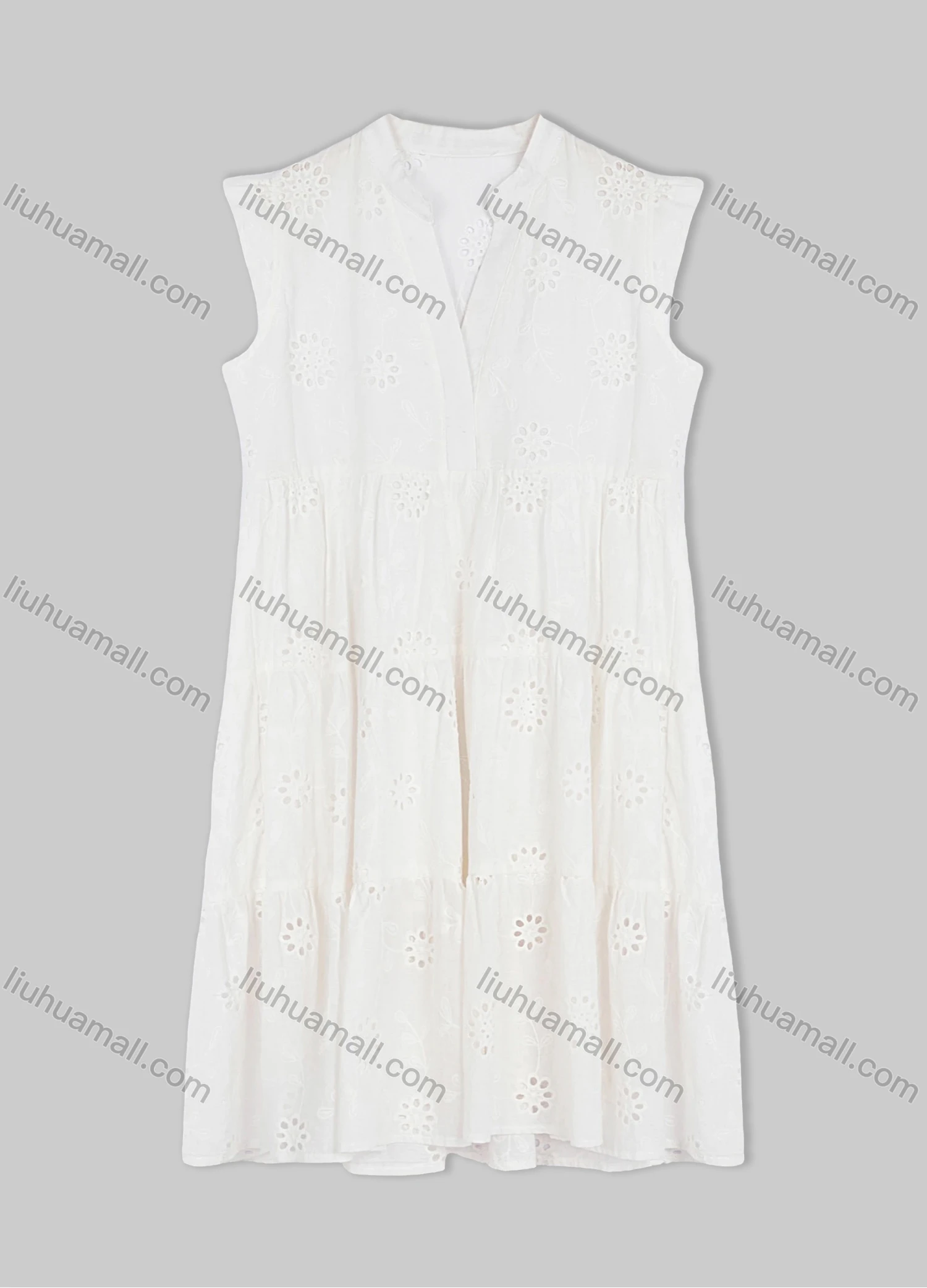 Wholesale Women's Casual V-Neck Plain Floral Eyelet Embroidered Short Tank Dress - Liuhuamall