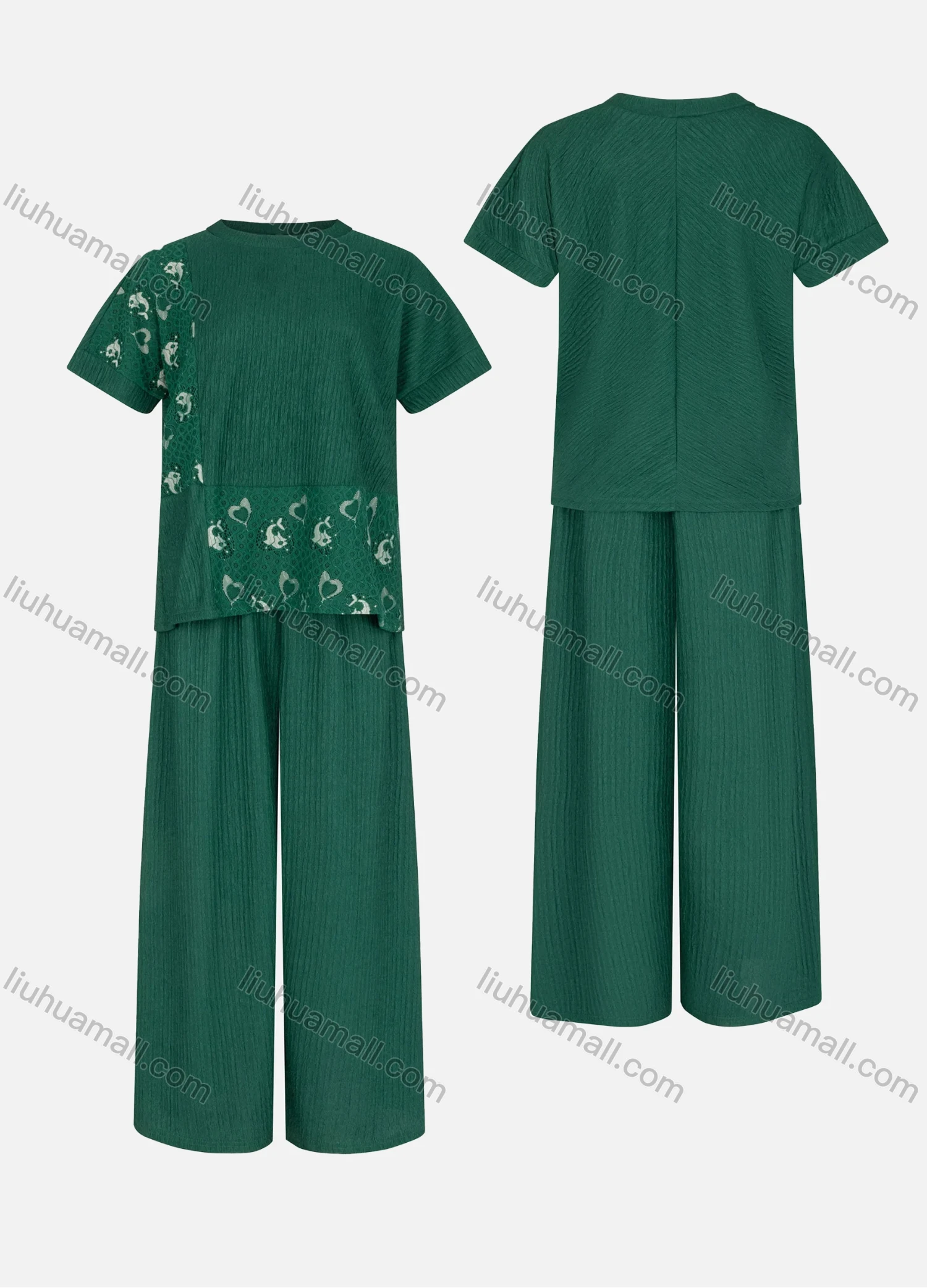 Wholesale Women's Round Neck Eyelet Embroidered Splicing Pleated Blouse&Elastic Waist Wide Leg Pants 2 Pieces Set - Liuhuamall