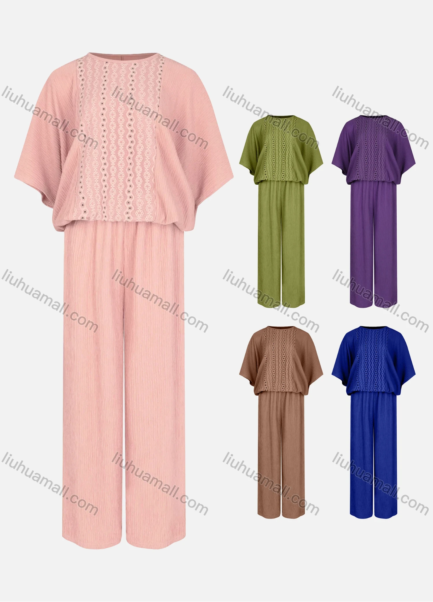 Wholesale Women's 3/4 Sleeve Eyelet Embroidered Pleated Blouse&Elastic Waist Wide Leg Pants 2 Pieces Set - Liuhuamall