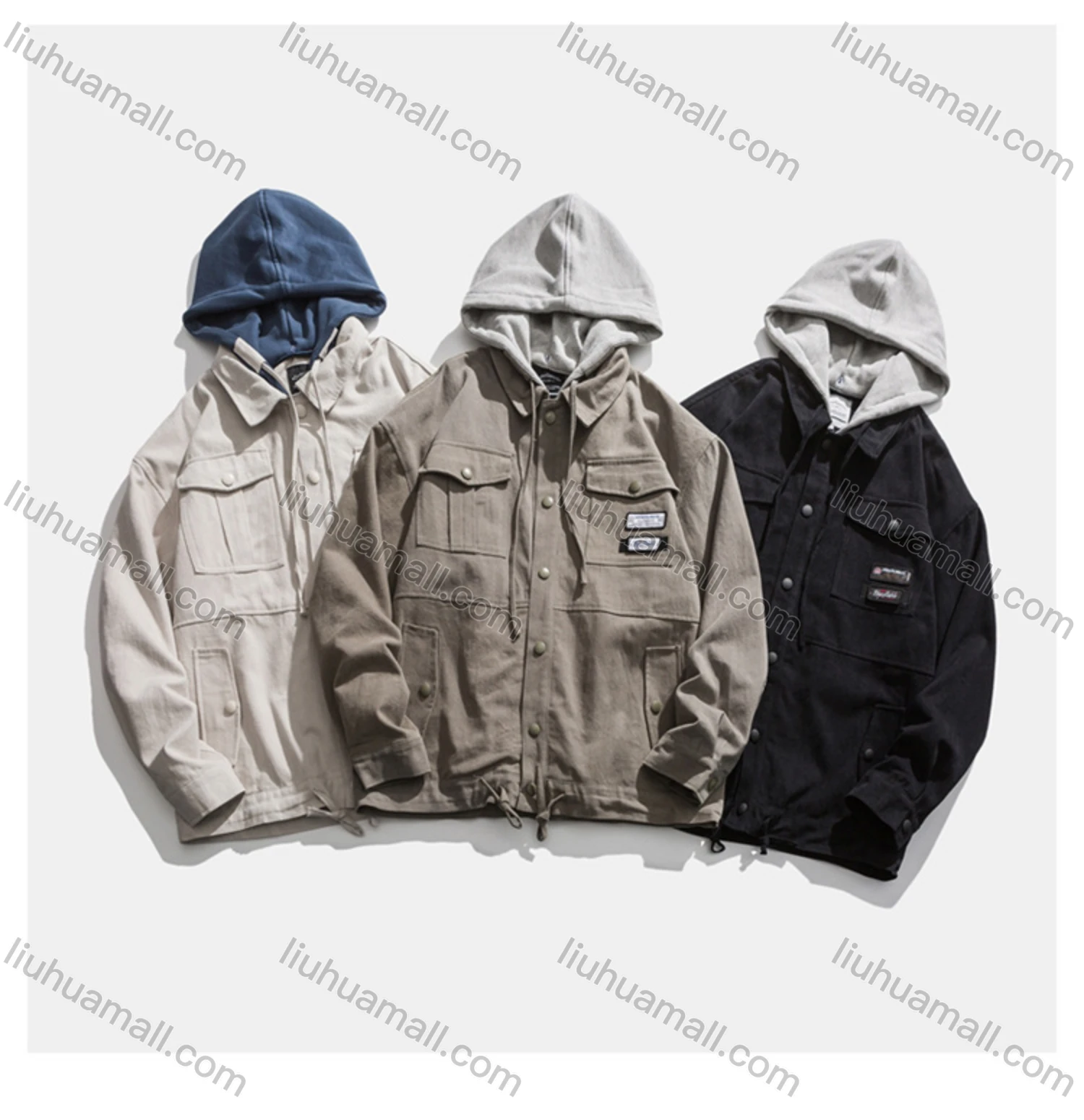 Wholesale Men's Shirt Collar Multiple Pockets Button Front Drawstring Casual Jacket With Detachable Hood - Liuhuamall