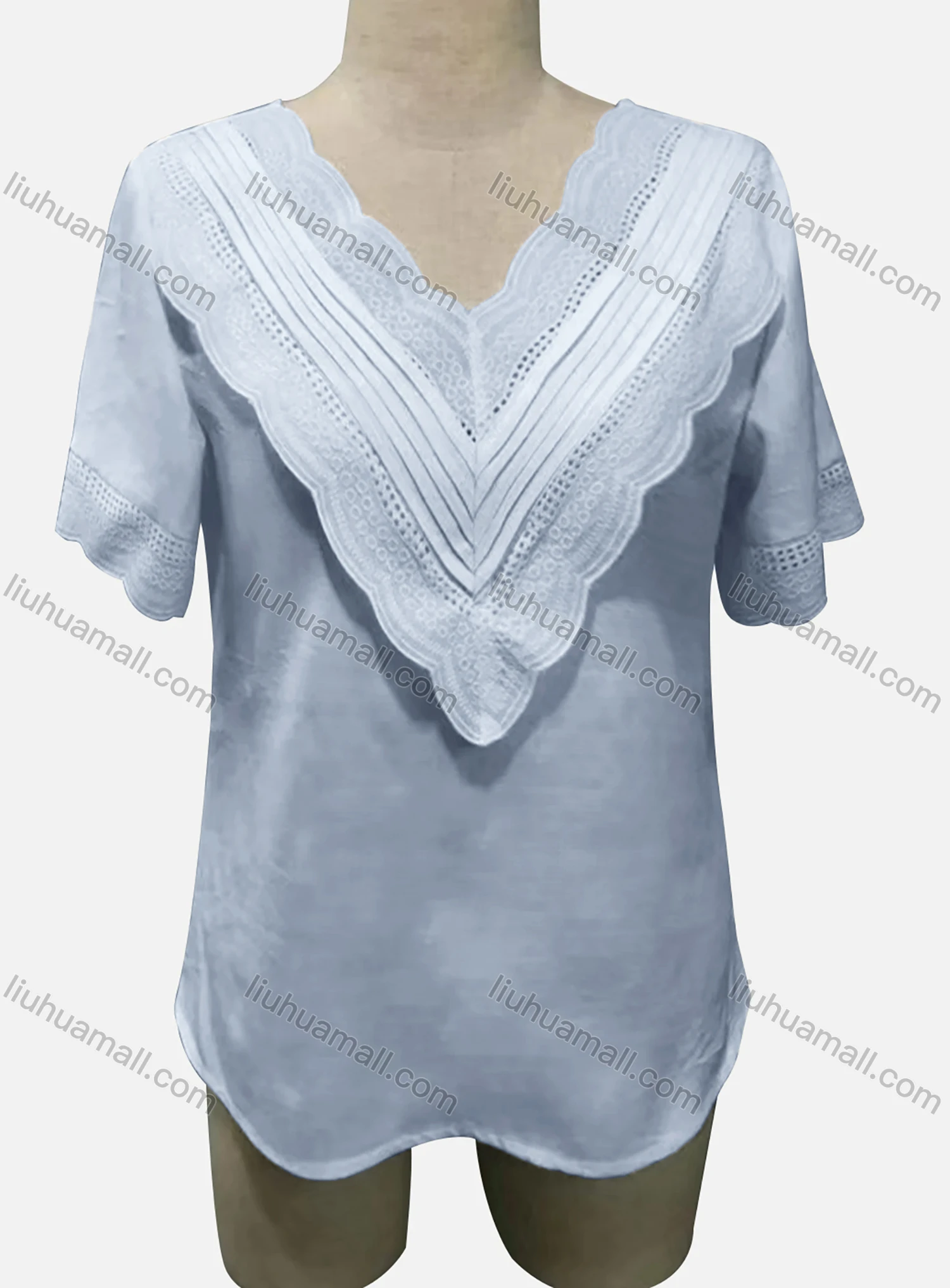 Wholesale Woman's Casual V Neck Short Sleeve Tiered Eyelet Embroidered Plain Tunic Top - Liuhuamall