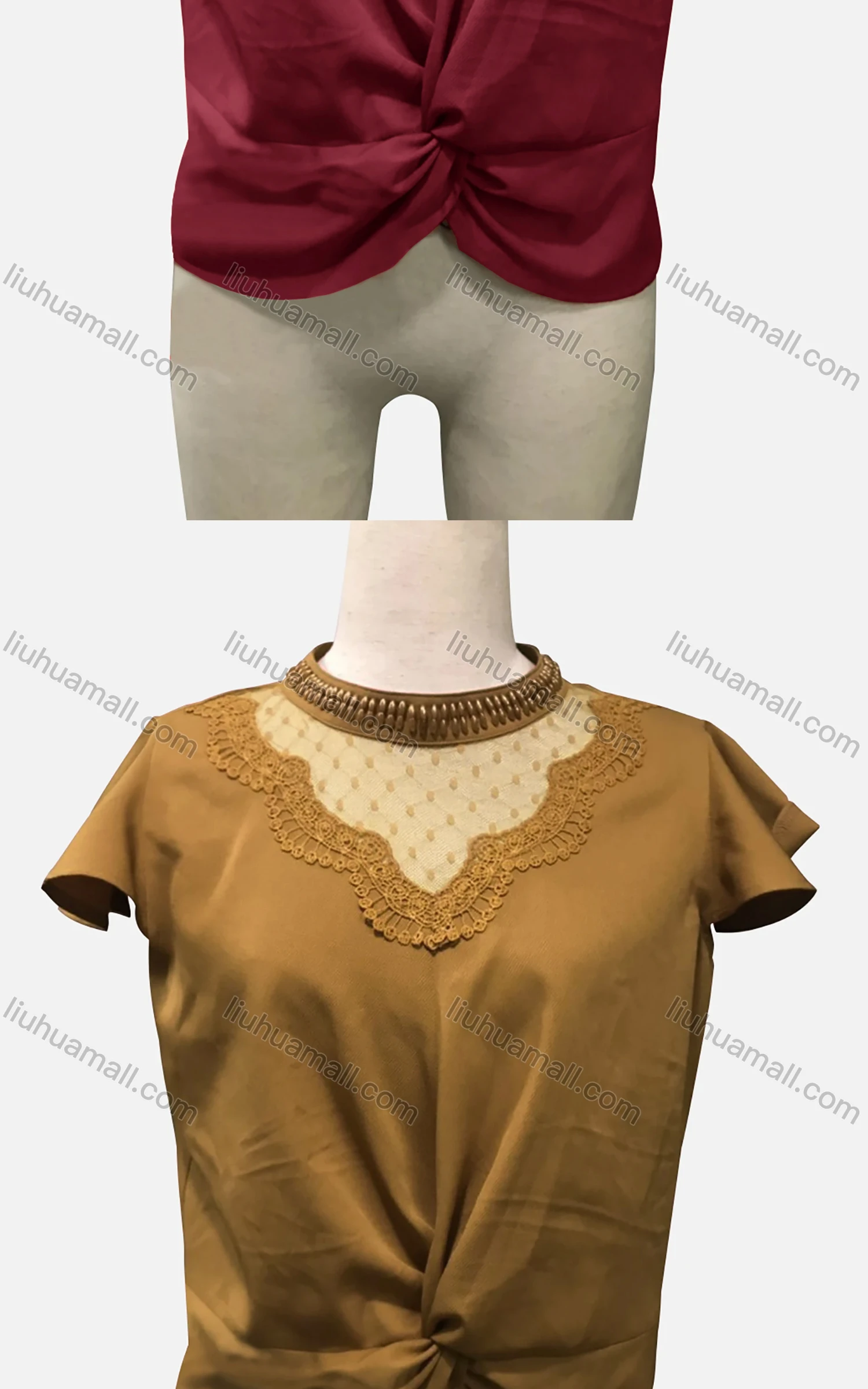 Wholesale Woman's Casual Mock Neck Cap Sleeve Sheer Lace Twist Plain Blouse - Liuhuamall