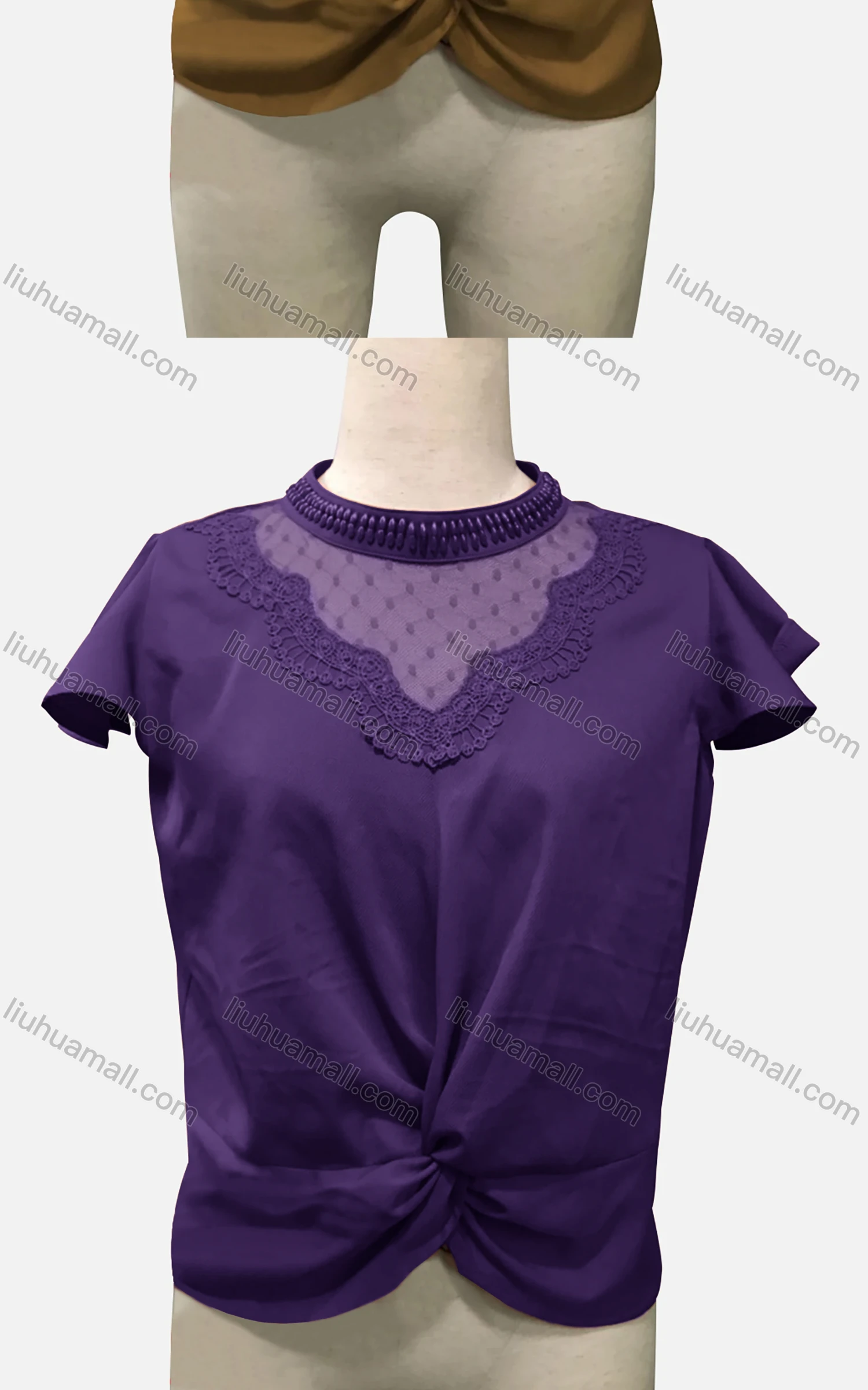 Wholesale Woman's Casual Mock Neck Cap Sleeve Sheer Lace Twist Plain Blouse - Liuhuamall