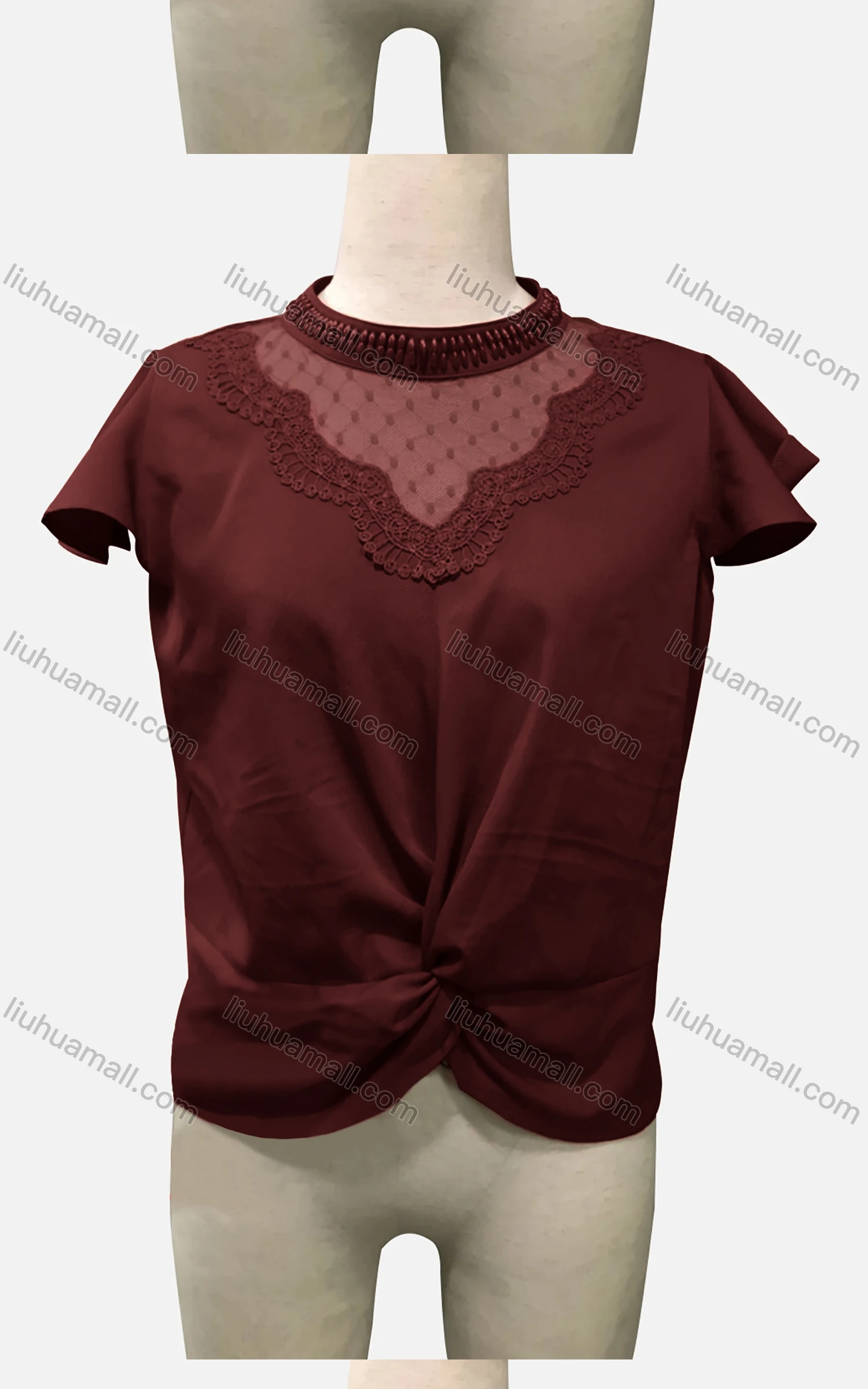 Wholesale Woman's Casual Mock Neck Cap Sleeve Sheer Lace Twist Plain Blouse - Liuhuamall