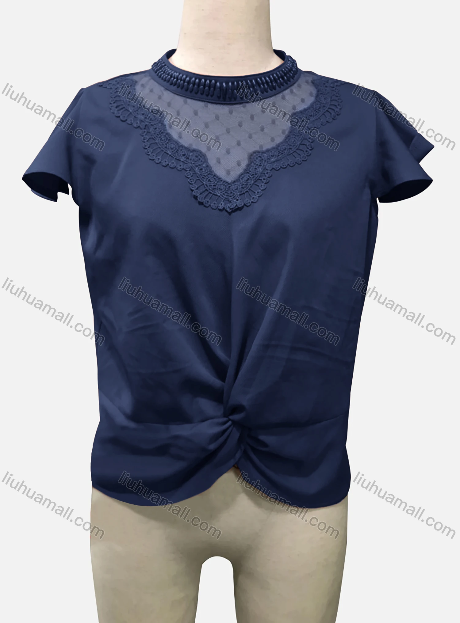 Wholesale Woman's Casual Mock Neck Cap Sleeve Sheer Lace Twist Plain Blouse - Liuhuamall