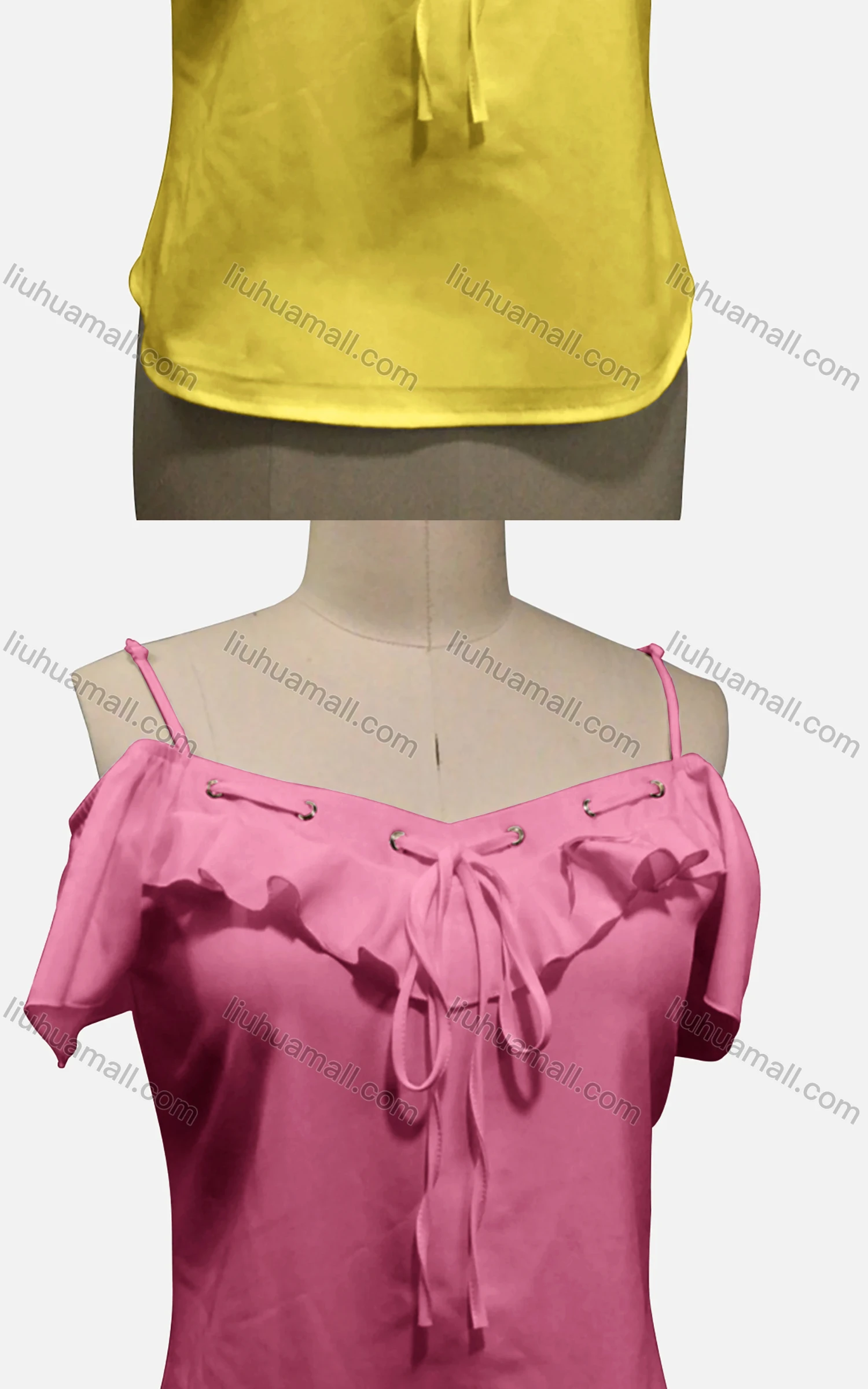 Wholesale Woman's Casual Spaghetti Strap Cold Shoulder Ruffle Trim Lace Up Plain Tunic Top - Liuhuamall