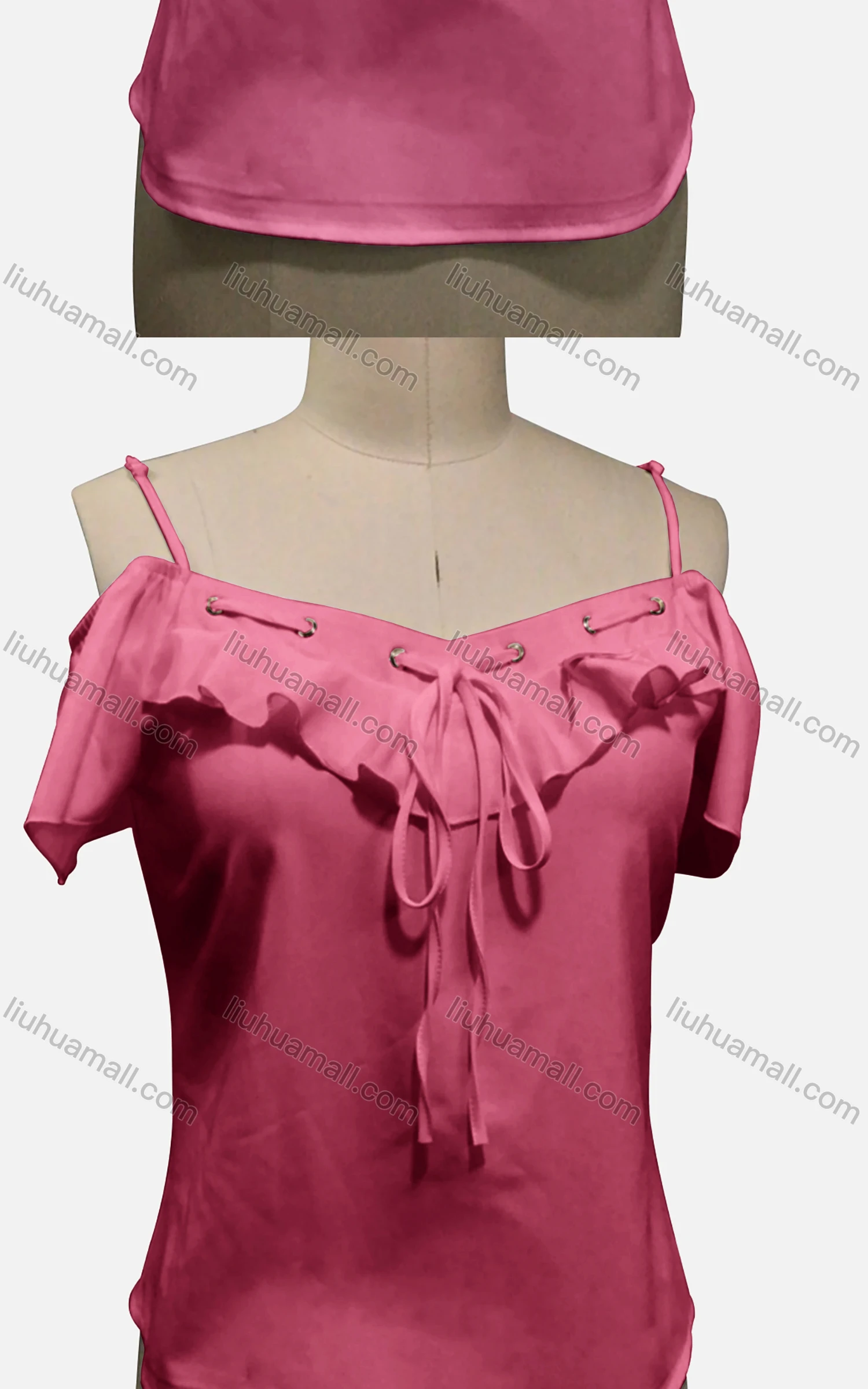 Wholesale Woman's Casual Spaghetti Strap Cold Shoulder Ruffle Trim Lace Up Plain Tunic Top - Liuhuamall