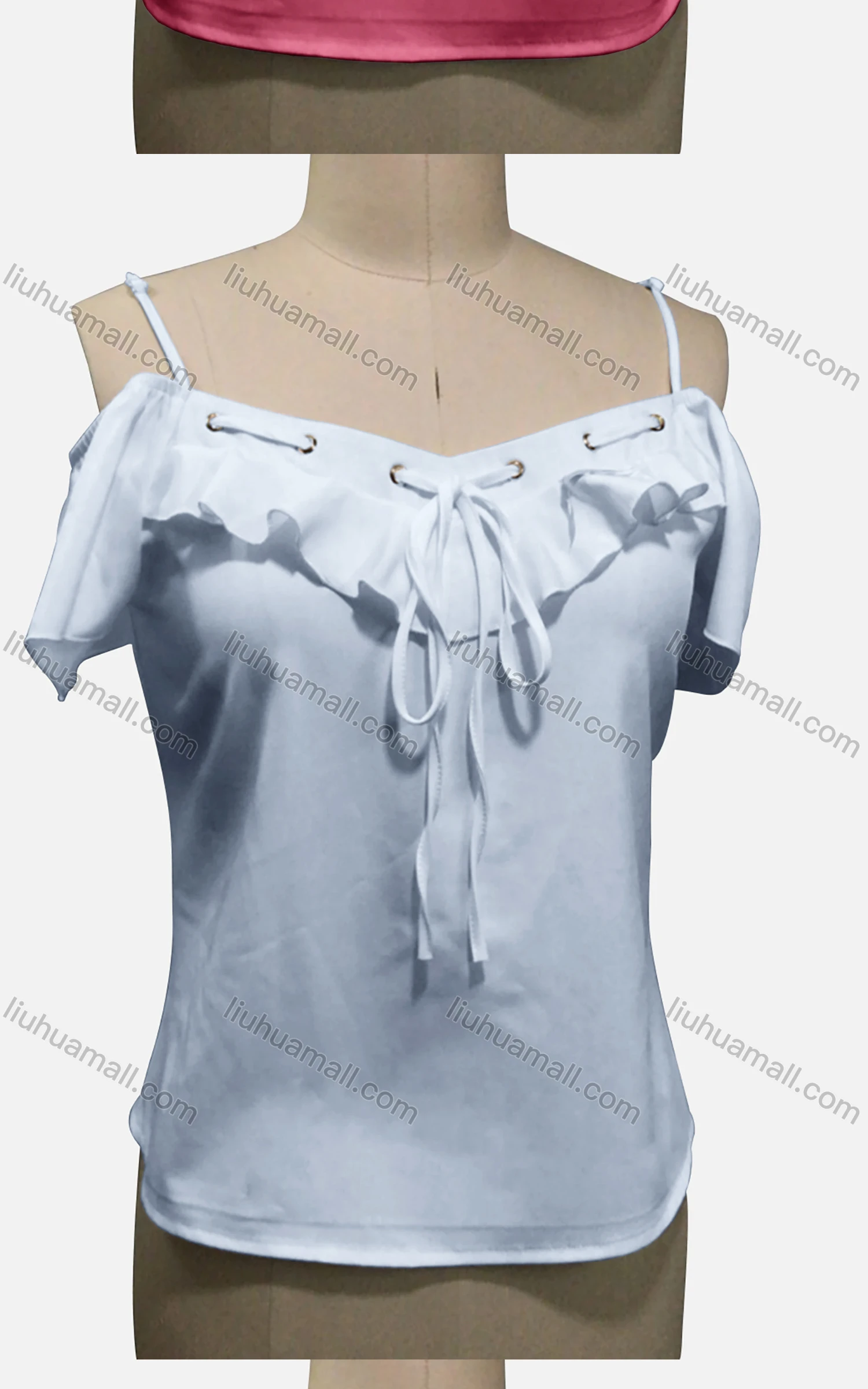 Wholesale Woman's Casual Spaghetti Strap Cold Shoulder Ruffle Trim Lace Up Plain Tunic Top - Liuhuamall