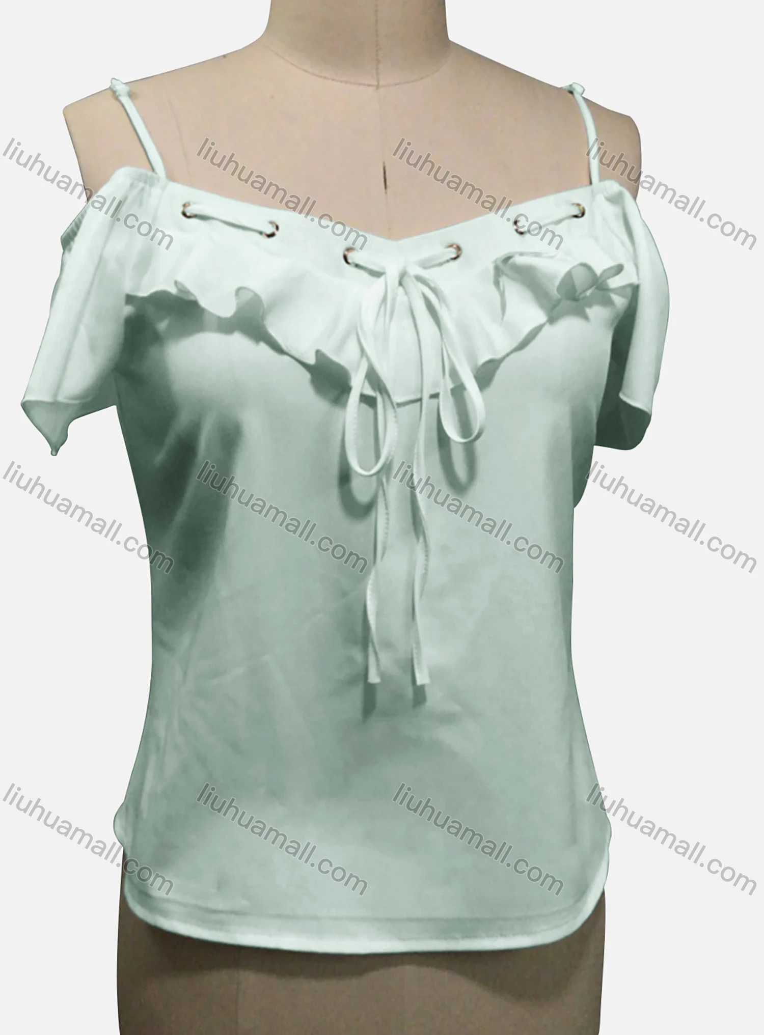 Wholesale Woman's Casual Spaghetti Strap Cold Shoulder Ruffle Trim Lace Up Plain Tunic Top - Liuhuamall
