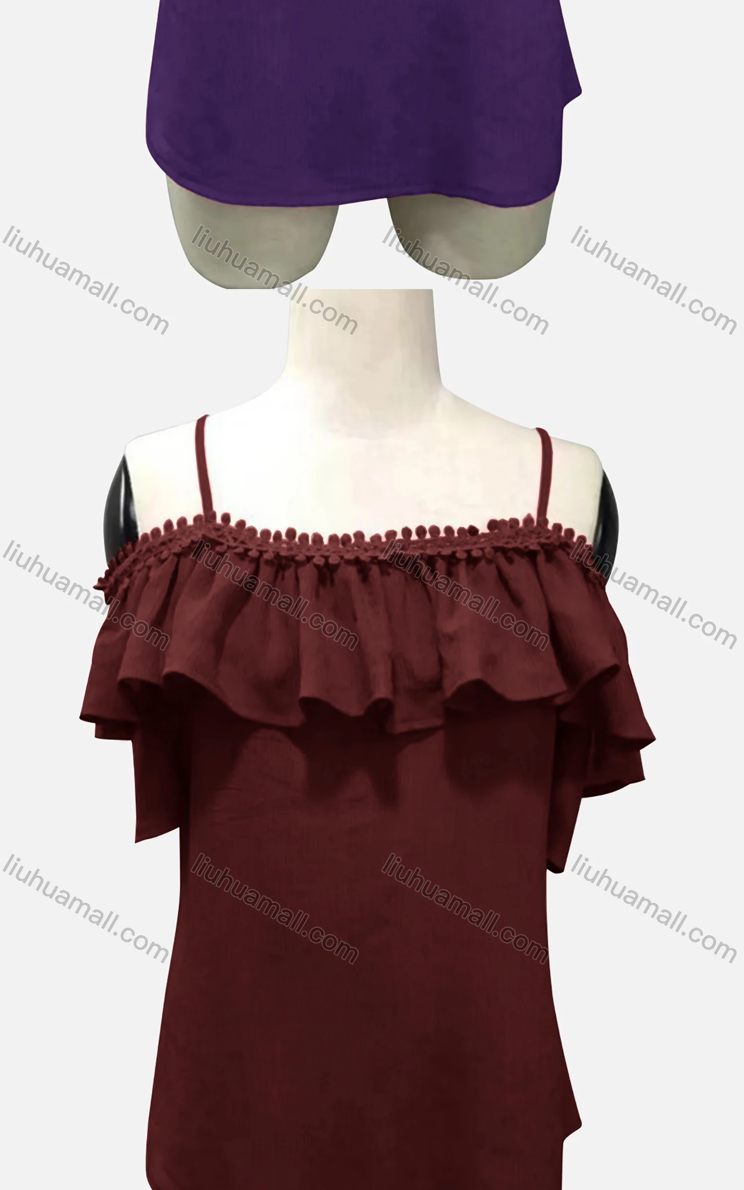 Wholesale Woman's Casual Spaghetti Strap Sleeveless Ruffle Trim Plain Cami Tunic Top - Liuhuamall