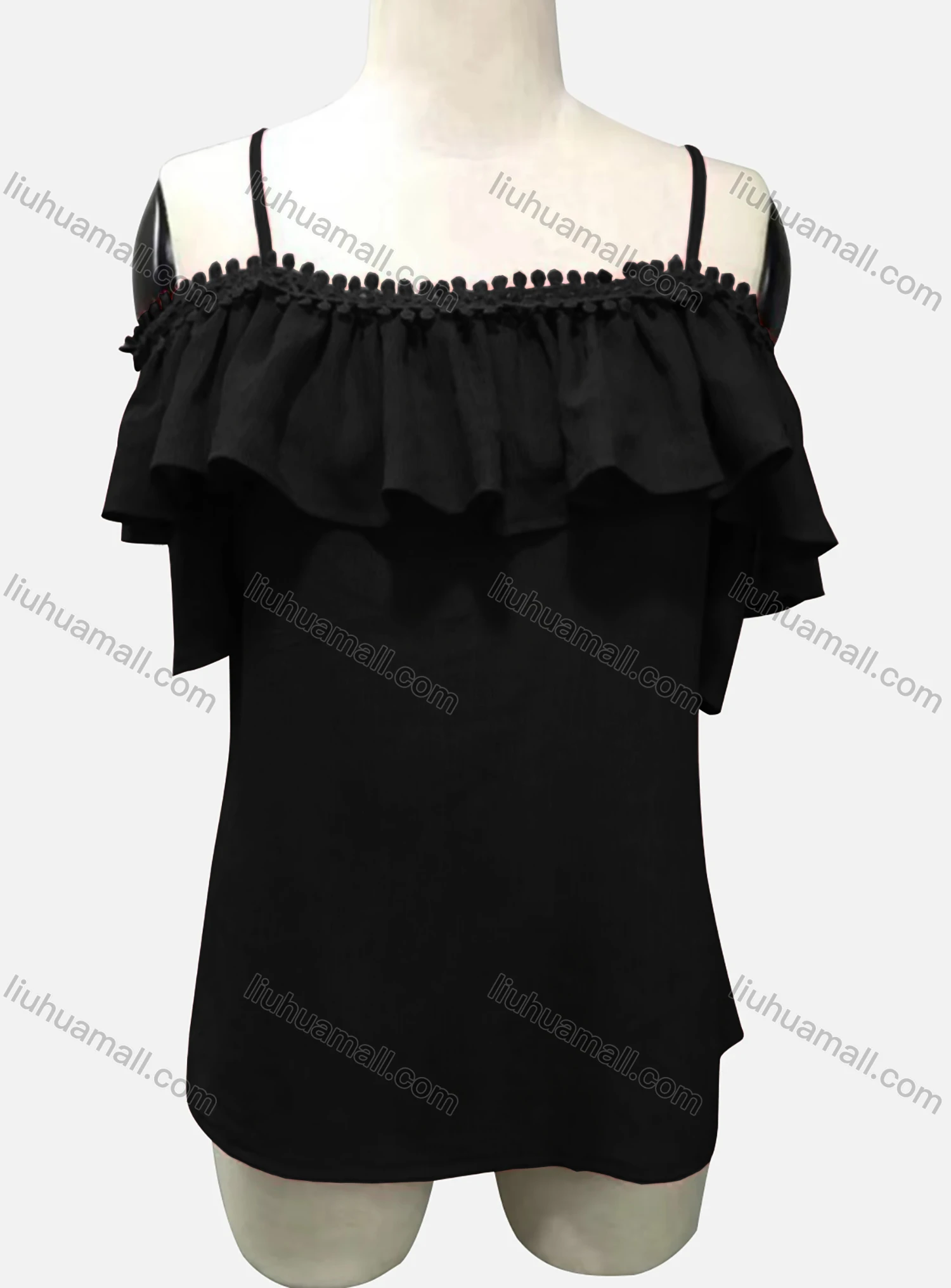 Wholesale Woman's Casual Spaghetti Strap Sleeveless Ruffle Trim Plain Cami Tunic Top - Liuhuamall