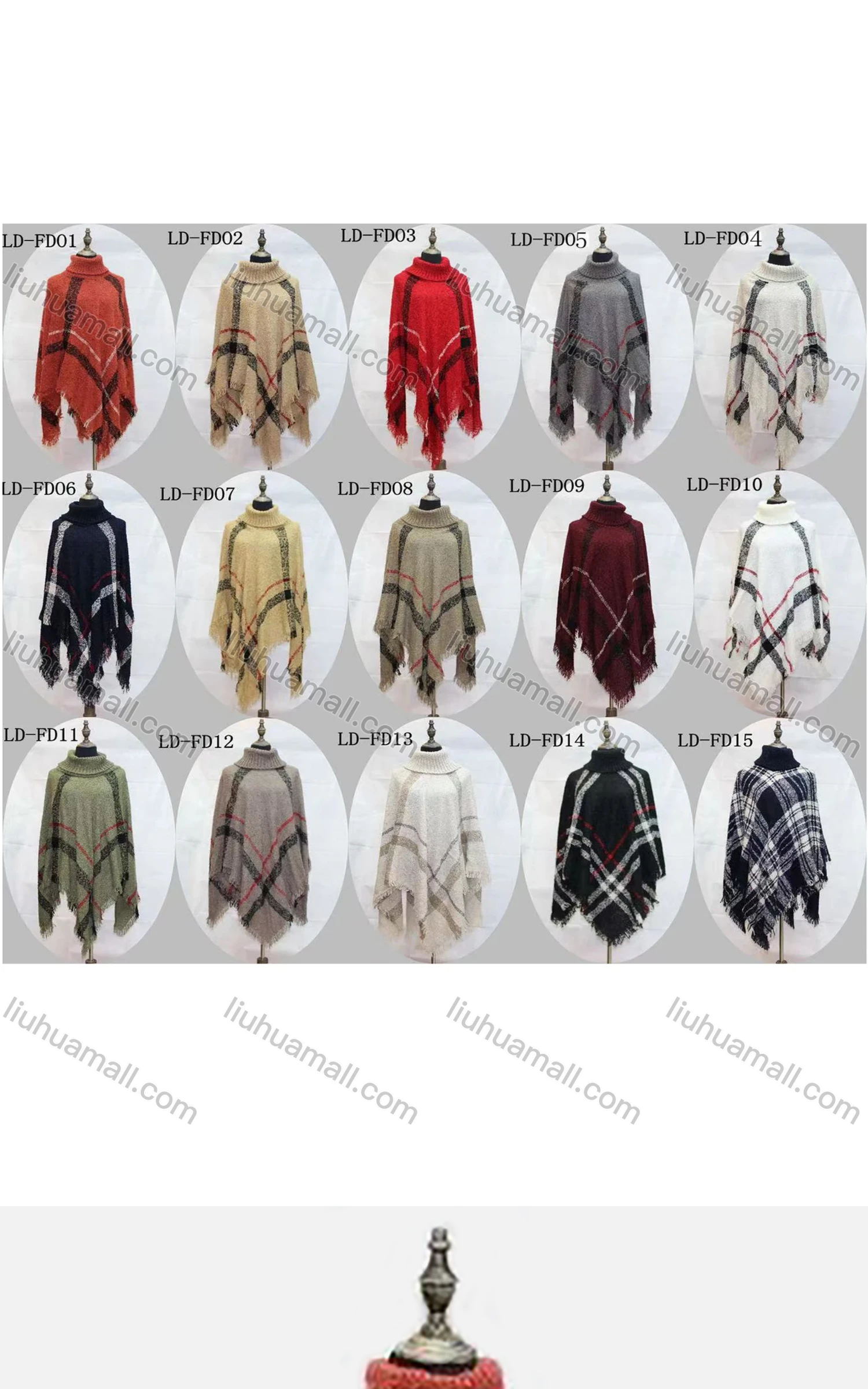 Wholesale Women's Casual High Collar Plaid Print Frayed Raw Hem Cape - Liuhuamall