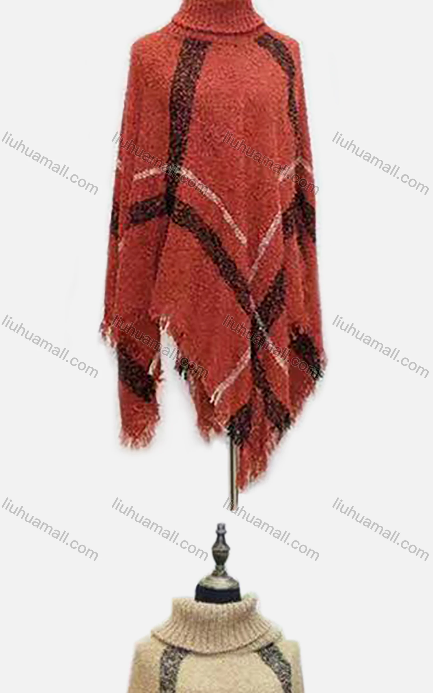 Wholesale Women's Casual High Collar Plaid Print Frayed Raw Hem Cape - Liuhuamall