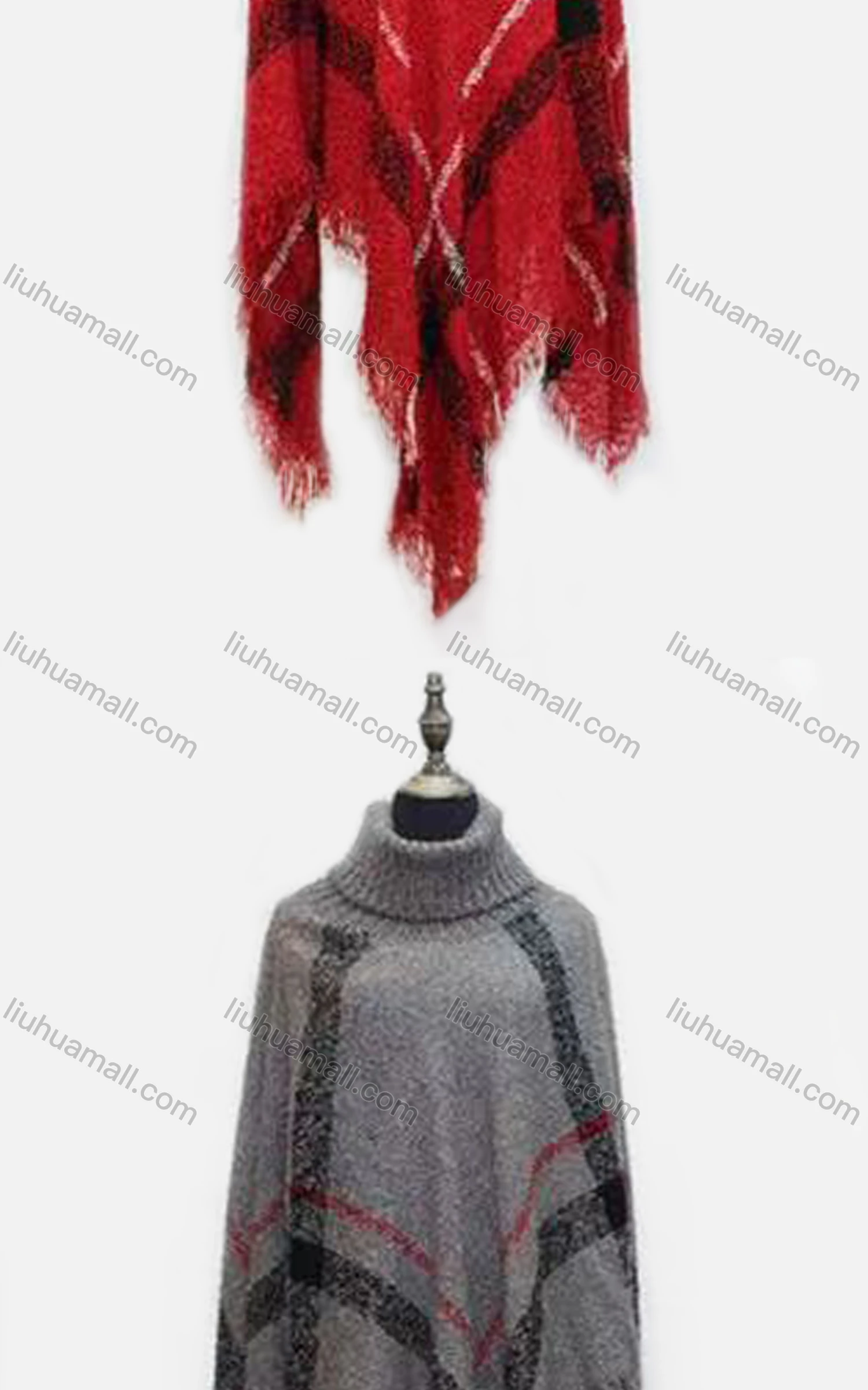 Wholesale Women's Casual High Collar Plaid Print Frayed Raw Hem Cape - Liuhuamall