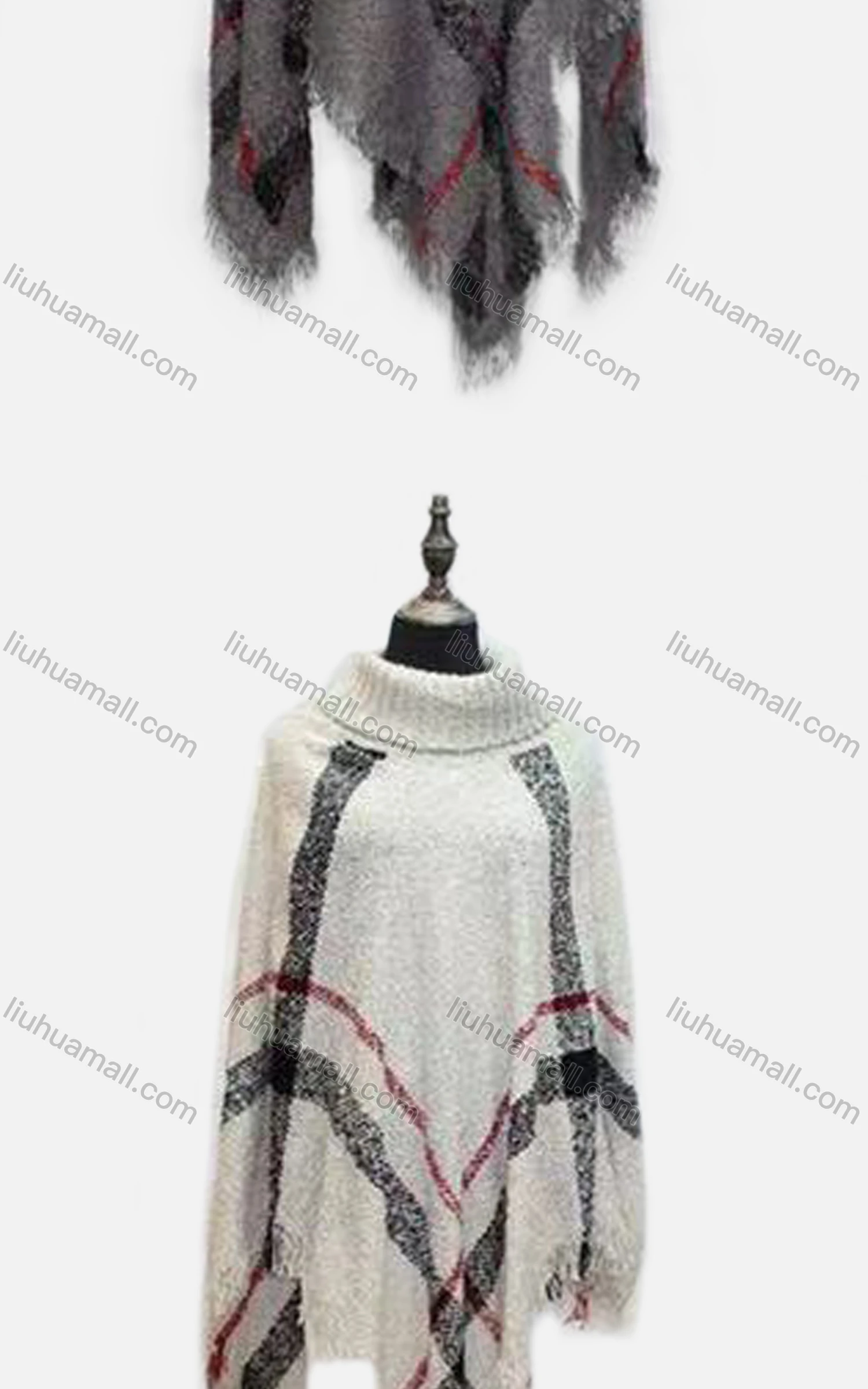 Wholesale Women's Casual High Collar Plaid Print Frayed Raw Hem Cape - Liuhuamall