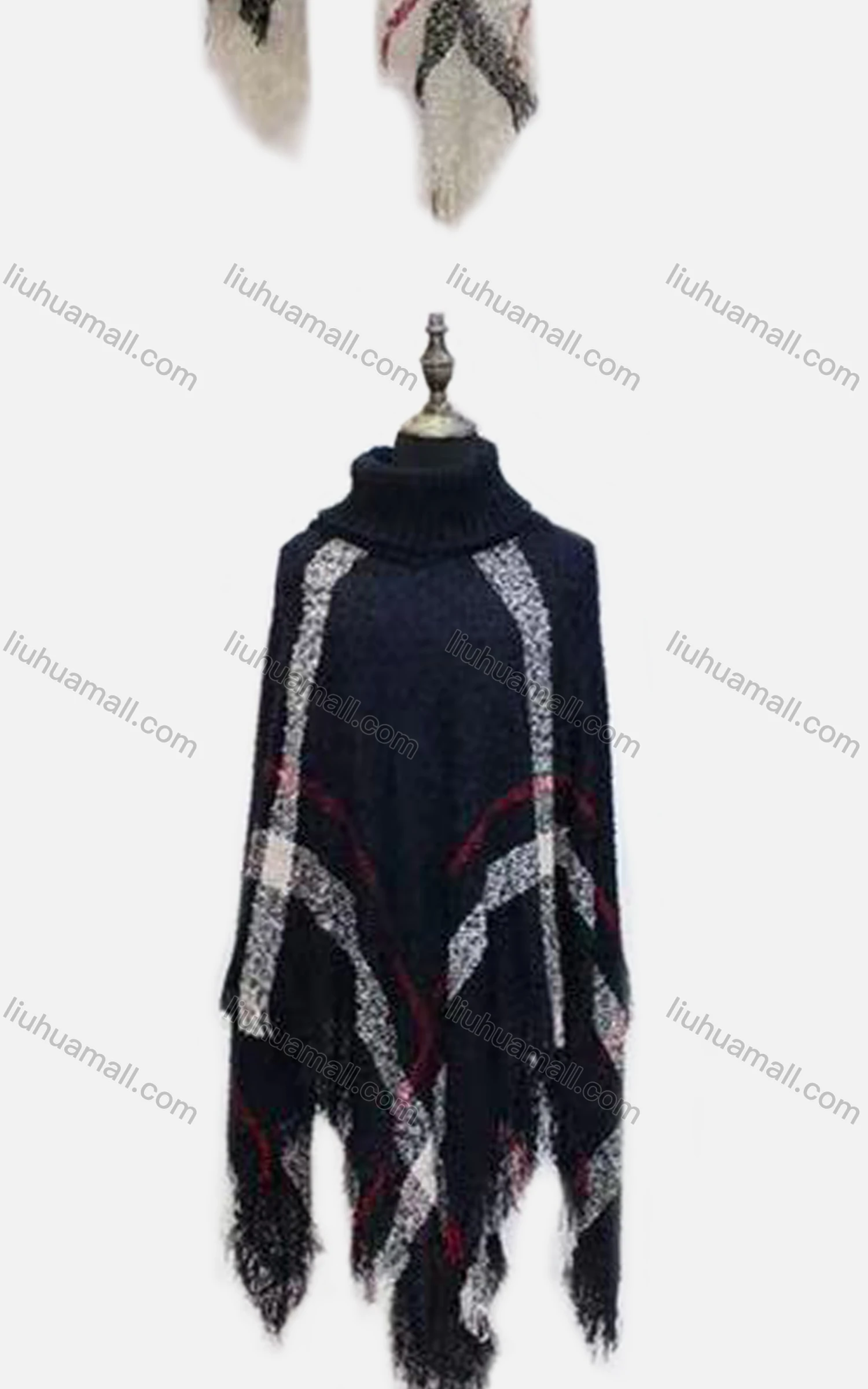 Wholesale Women's Casual High Collar Plaid Print Frayed Raw Hem Cape - Liuhuamall