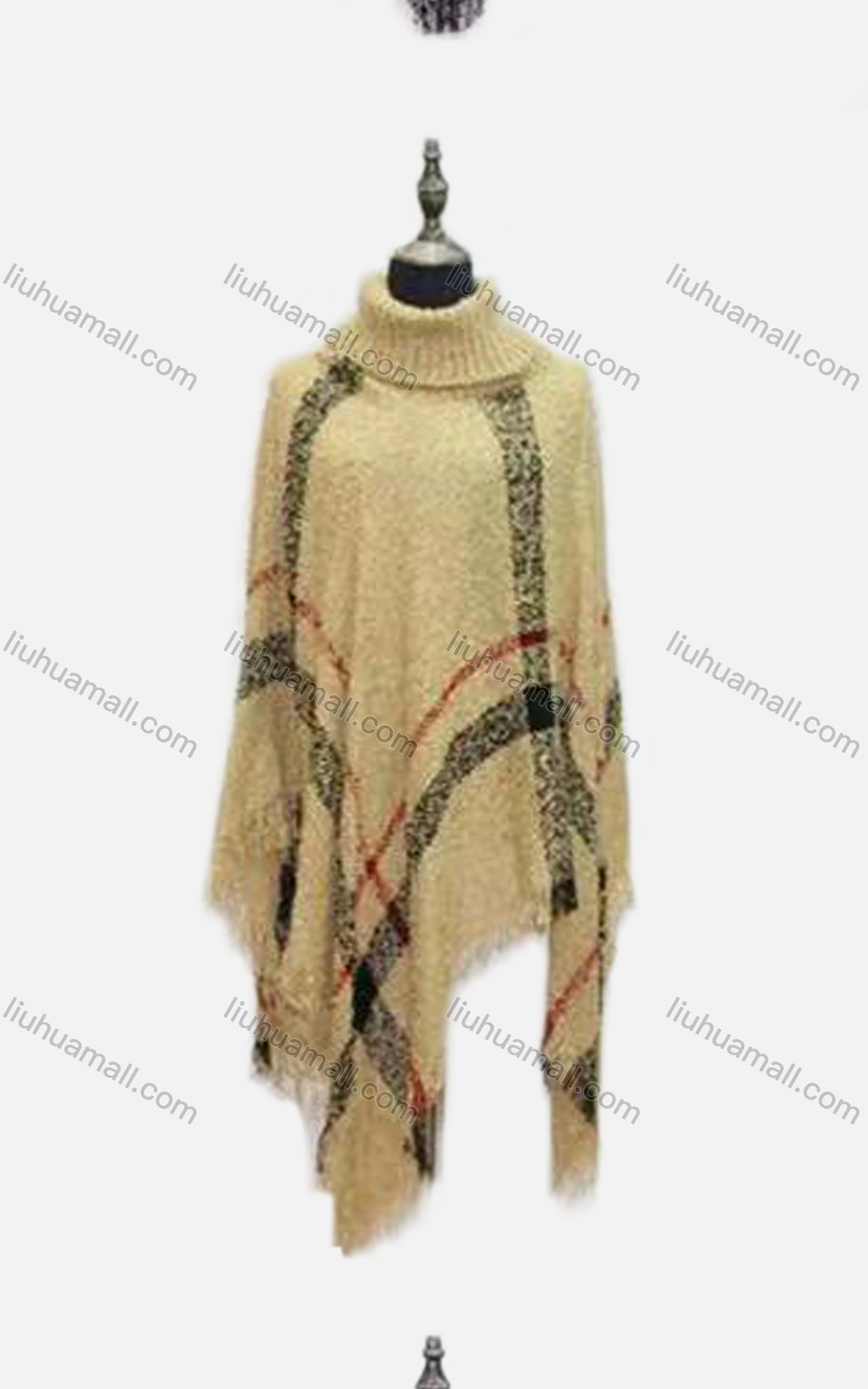 Wholesale Women's Casual High Collar Plaid Print Frayed Raw Hem Cape - Liuhuamall