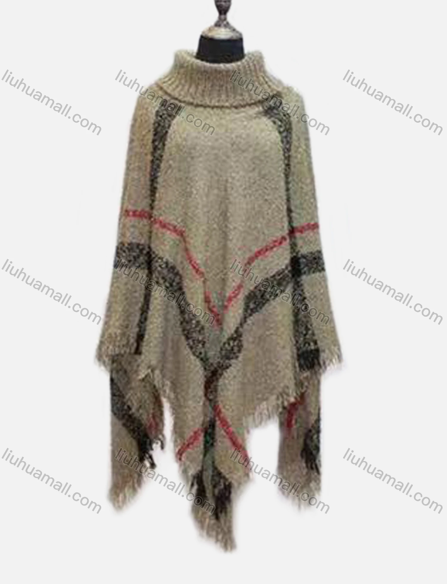 Wholesale Women's Casual High Collar Plaid Print Frayed Raw Hem Cape - Liuhuamall