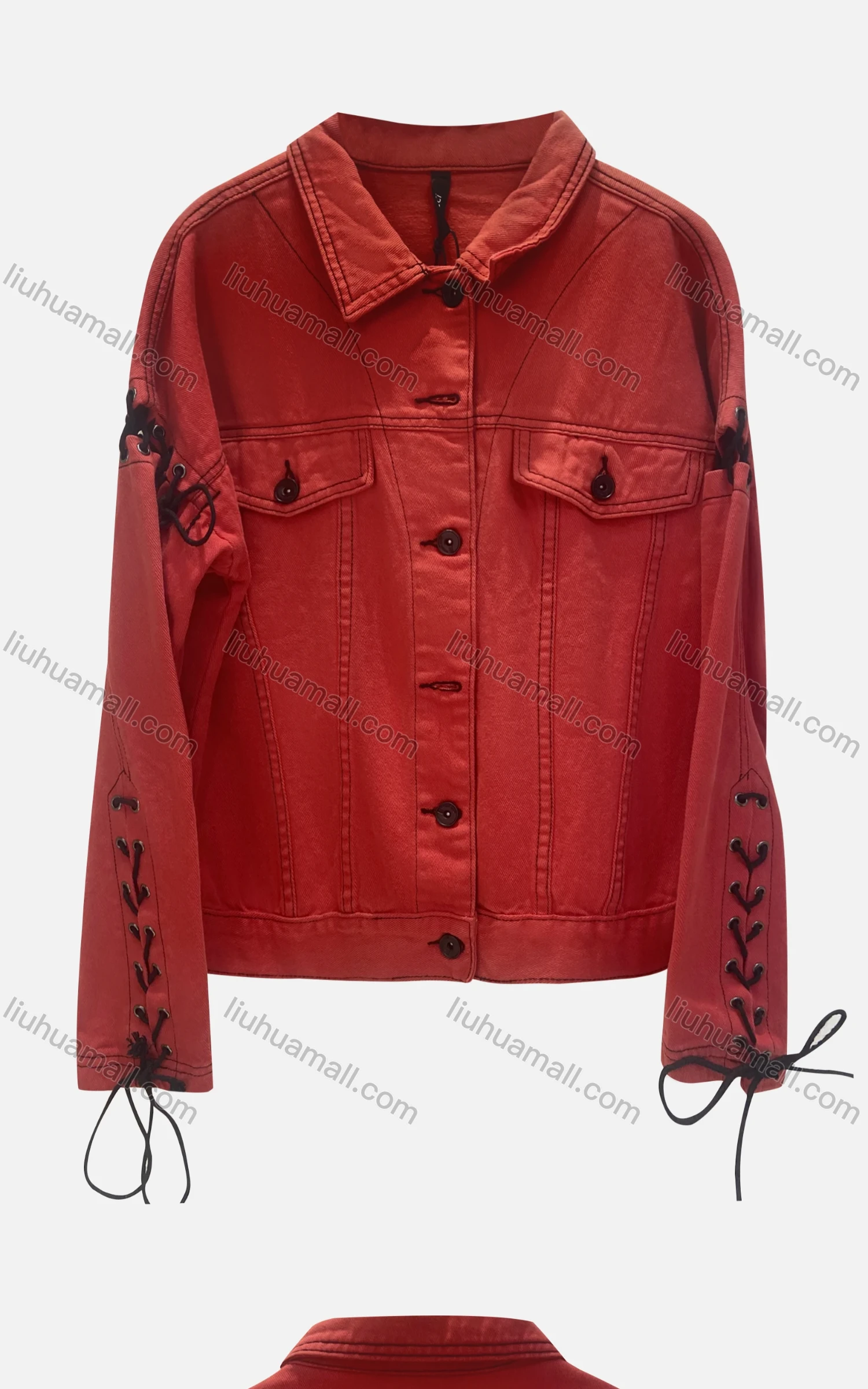 Wholesale Women's Casual Collared Long Sleeve Lace Up Fake Pocket Button Down Denim Jackets - Liuhuamall