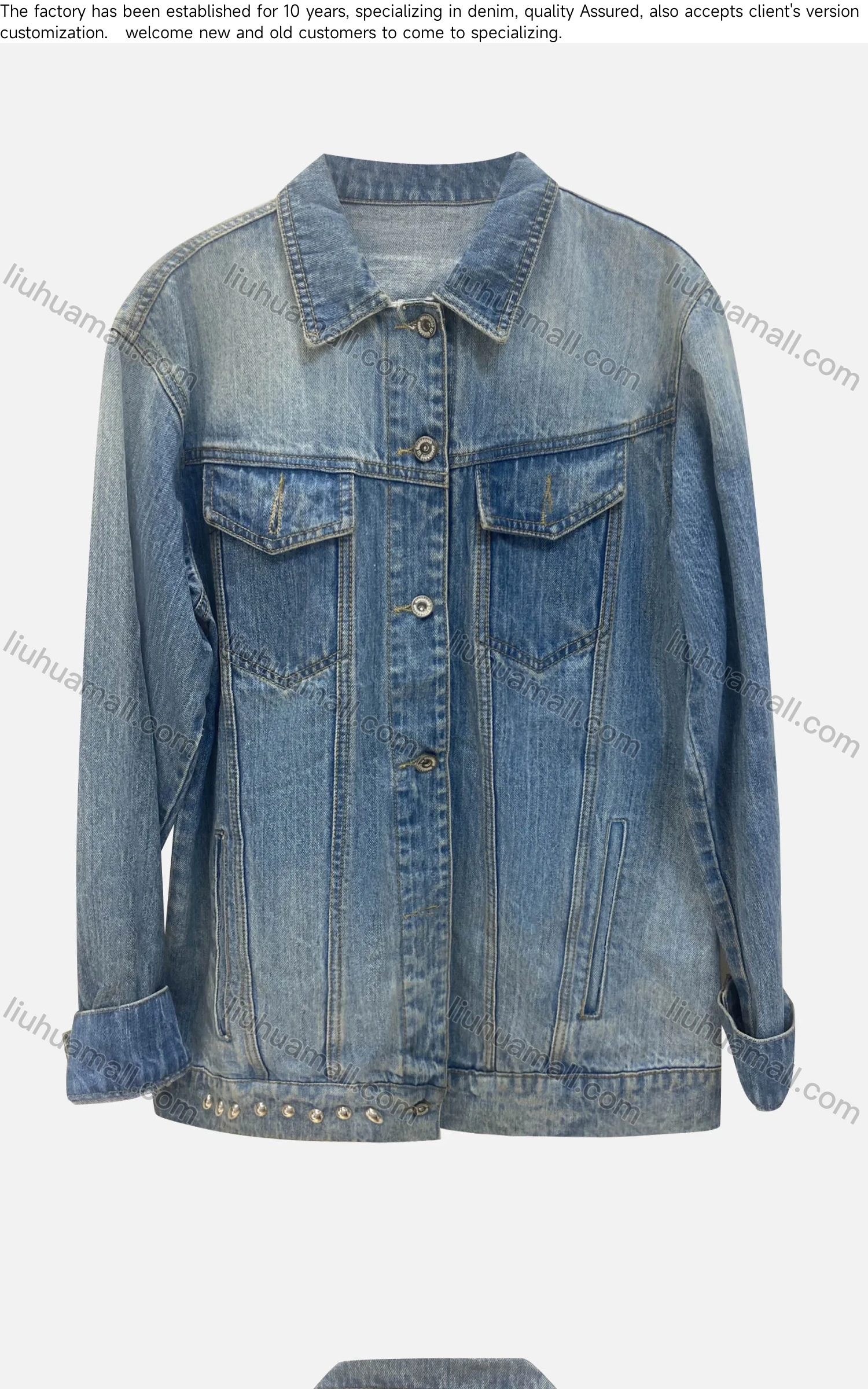 Wholesale Women's Casual Collared Flap Pockets Patches Beaded Button Down Distressed Denim Jacket - Liuhuamall