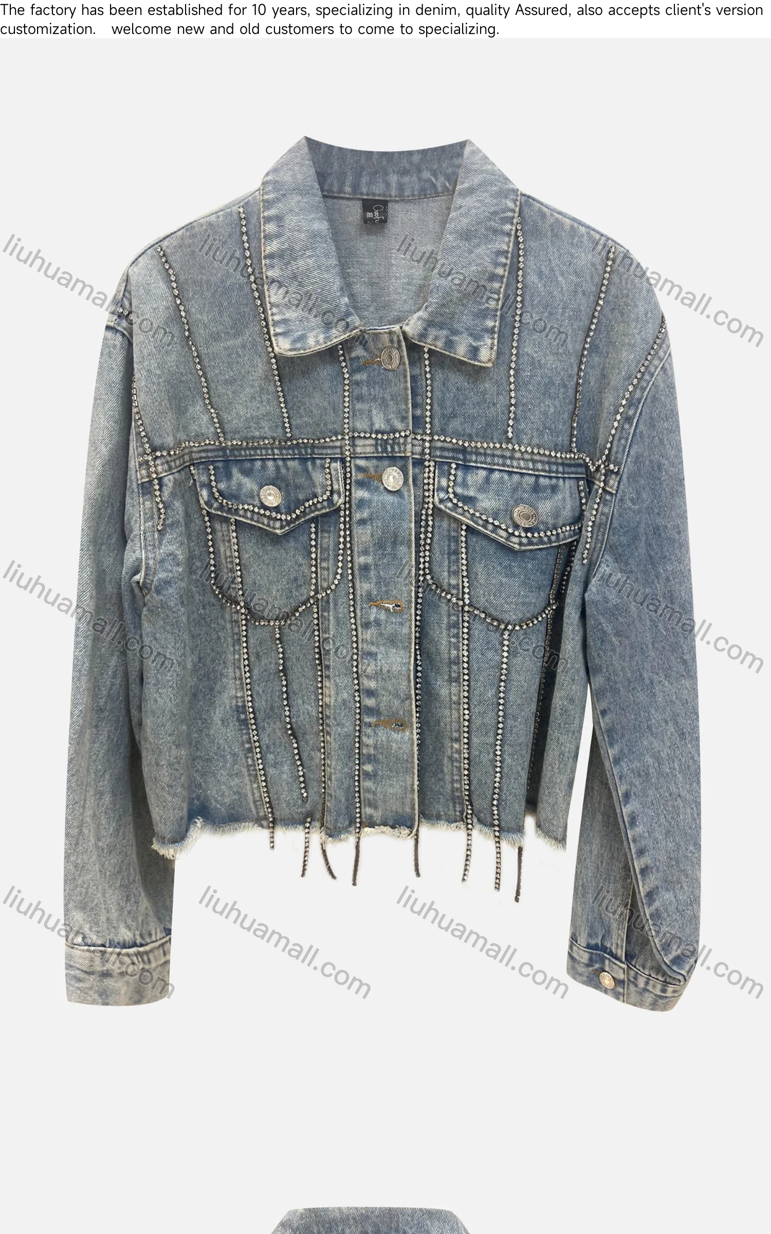 Wholesale Women's Fashion Collared Plain Rhinestone Button Down Fake Pocket Distressed Crop Denim Jacket - Liuhuamall