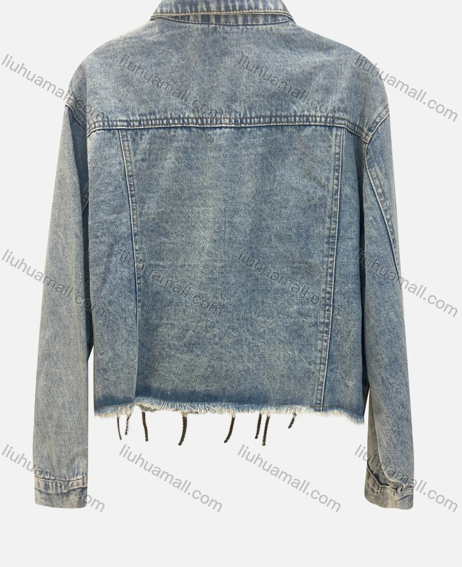 Wholesale Women's Fashion Collared Plain Rhinestone Button Down Fake Pocket Distressed Crop Denim Jacket - Liuhuamall