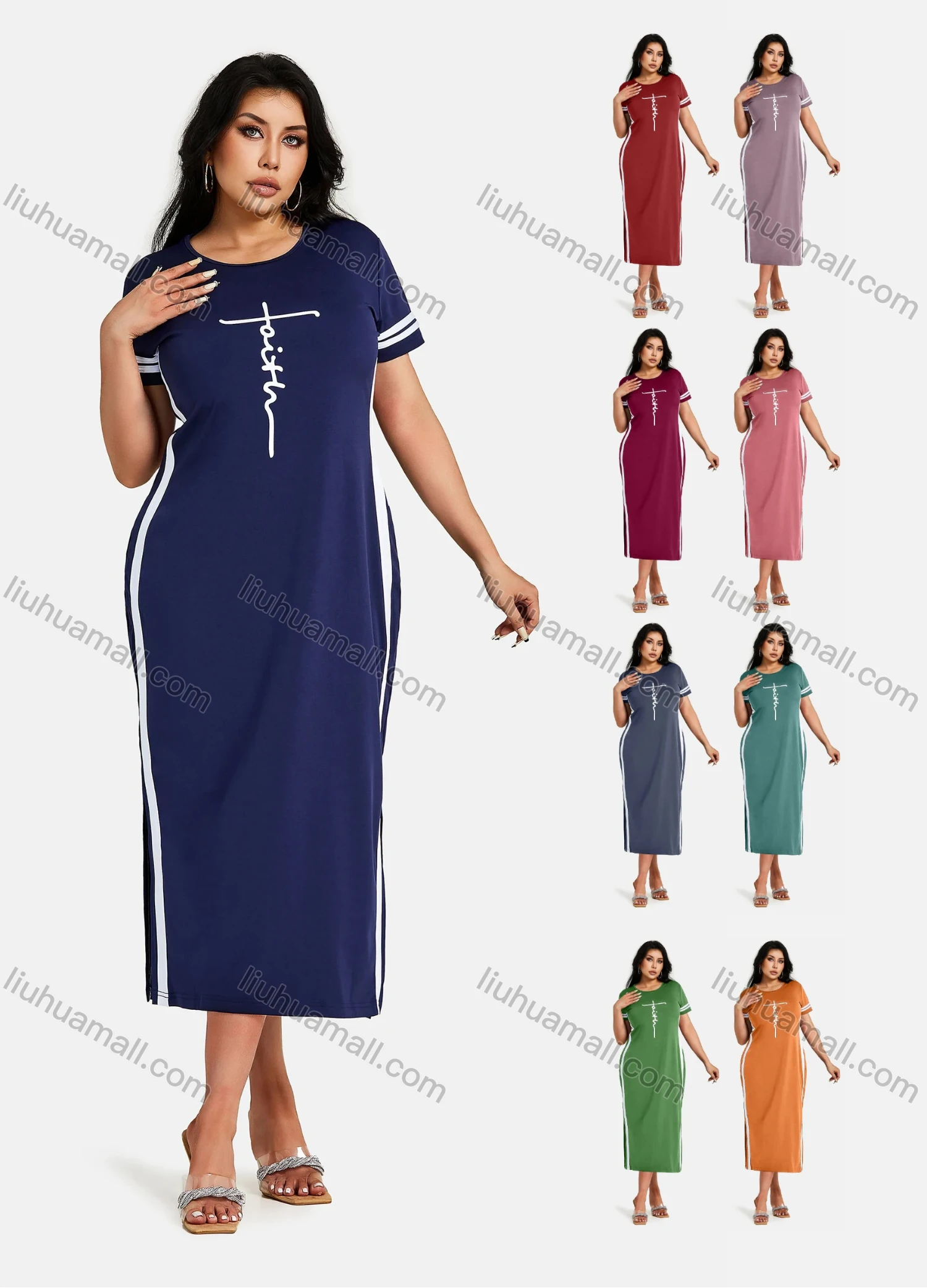 Wholesale Woman's Casual Round Neck Short Sleeve Side Slit Striped Letter Print Midi Dress - Liuhuamall
