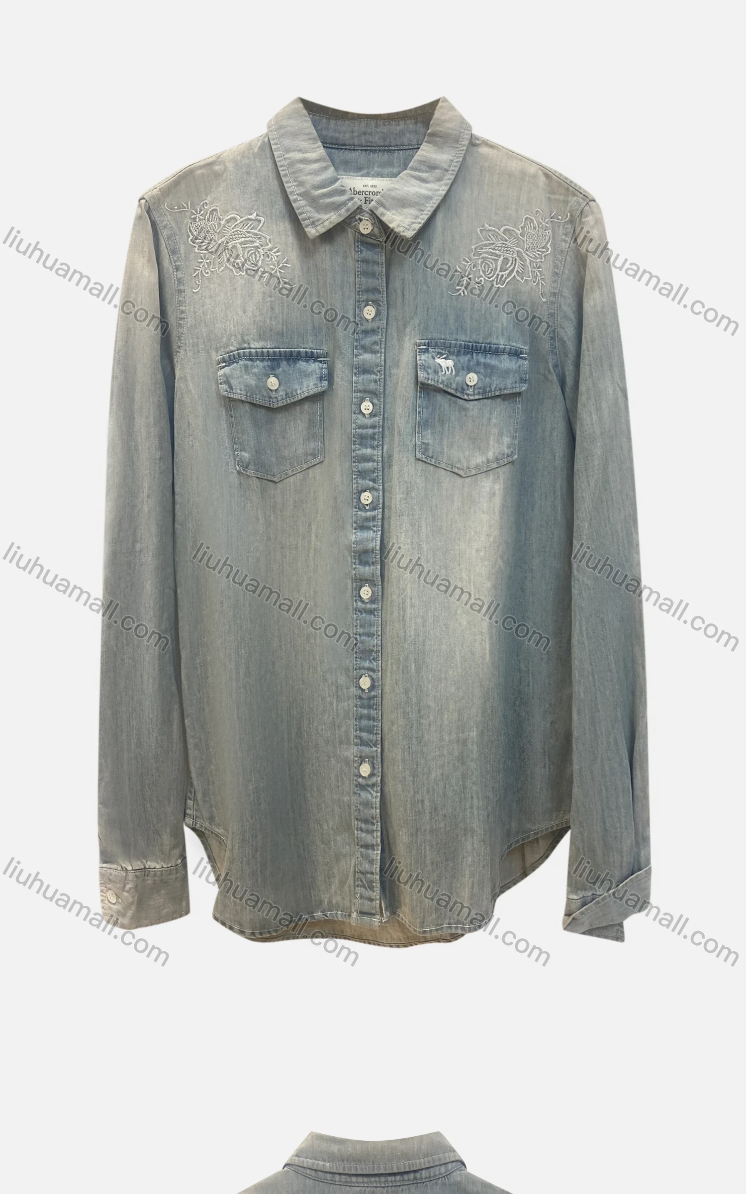 Wholesale Women's Fashion Collared Plain Embroidery Flap Pockets Button Down Curved Hem Distressed Denim Overshirt - Liuhuamall