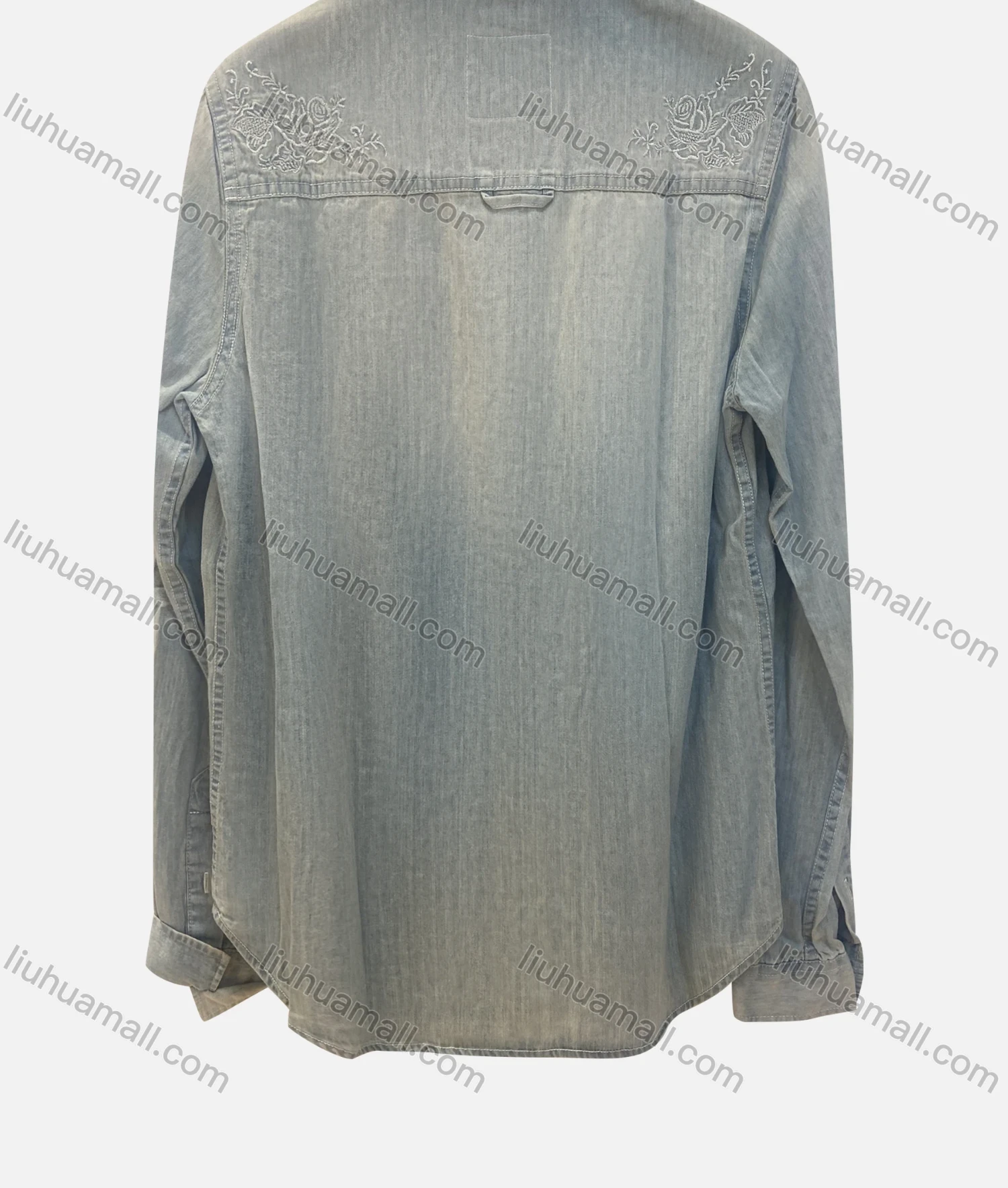 Wholesale Women's Fashion Collared Plain Embroidery Flap Pockets Button Down Curved Hem Distressed Denim Overshirt - Liuhuamall