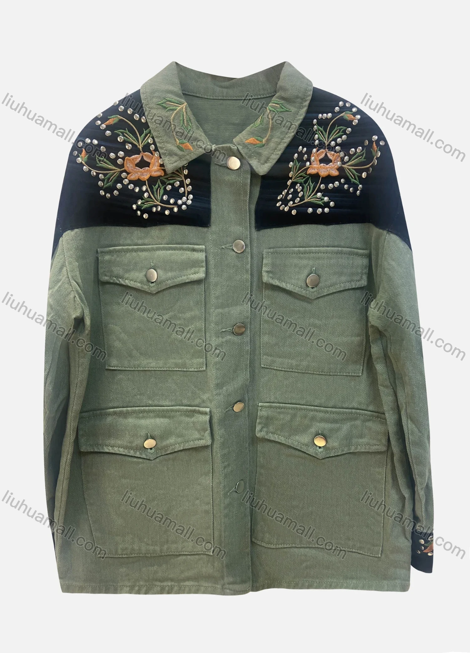 Wholesale Women's Fashion Collared Flap Pockets Beaded Embroidery Floral Colorblock Overshirt - Liuhuamall