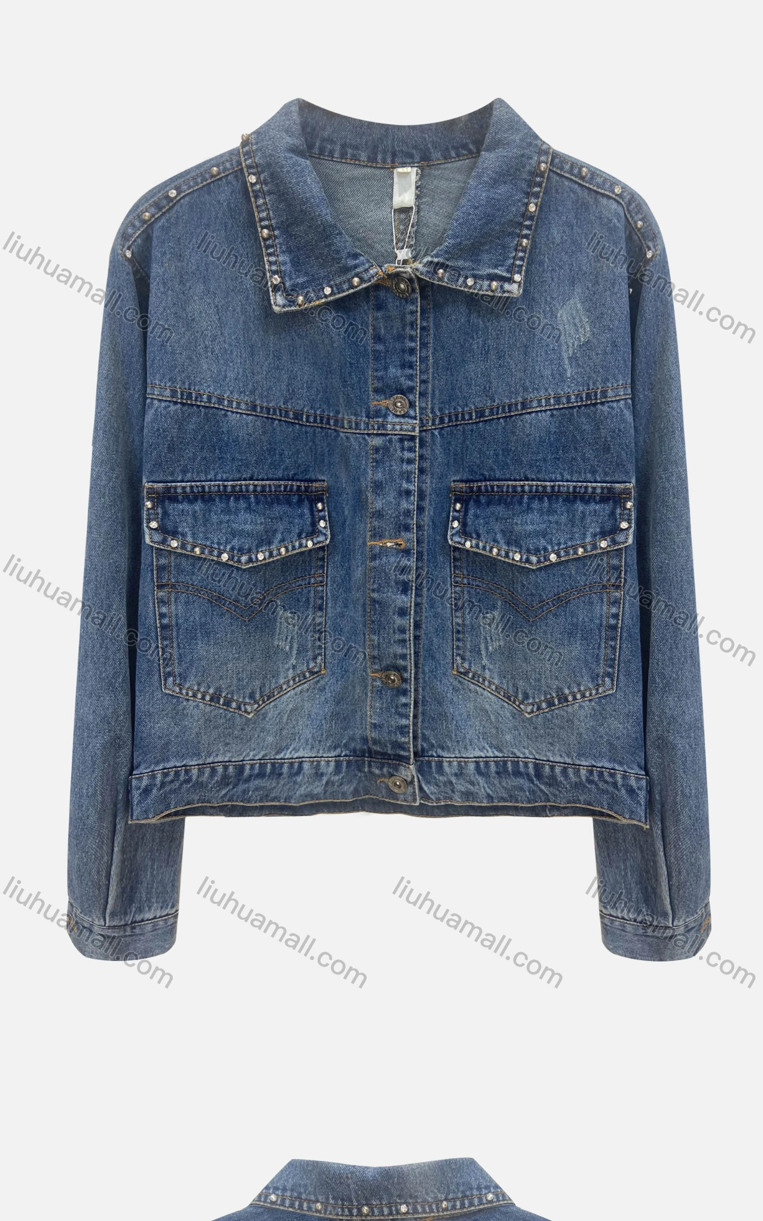 Wholesale Women's Fashion Collared Long Sleeve Button Down Rhinestone & Pearl Decor Crop Denim Jacket - Liuhuamall