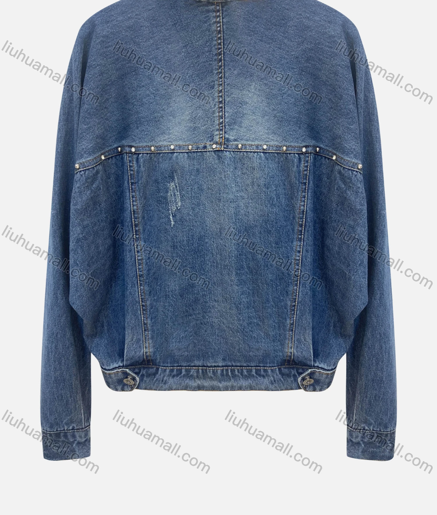 Wholesale Women's Fashion Collared Long Sleeve Button Down Rhinestone & Pearl Decor Crop Denim Jacket - Liuhuamall