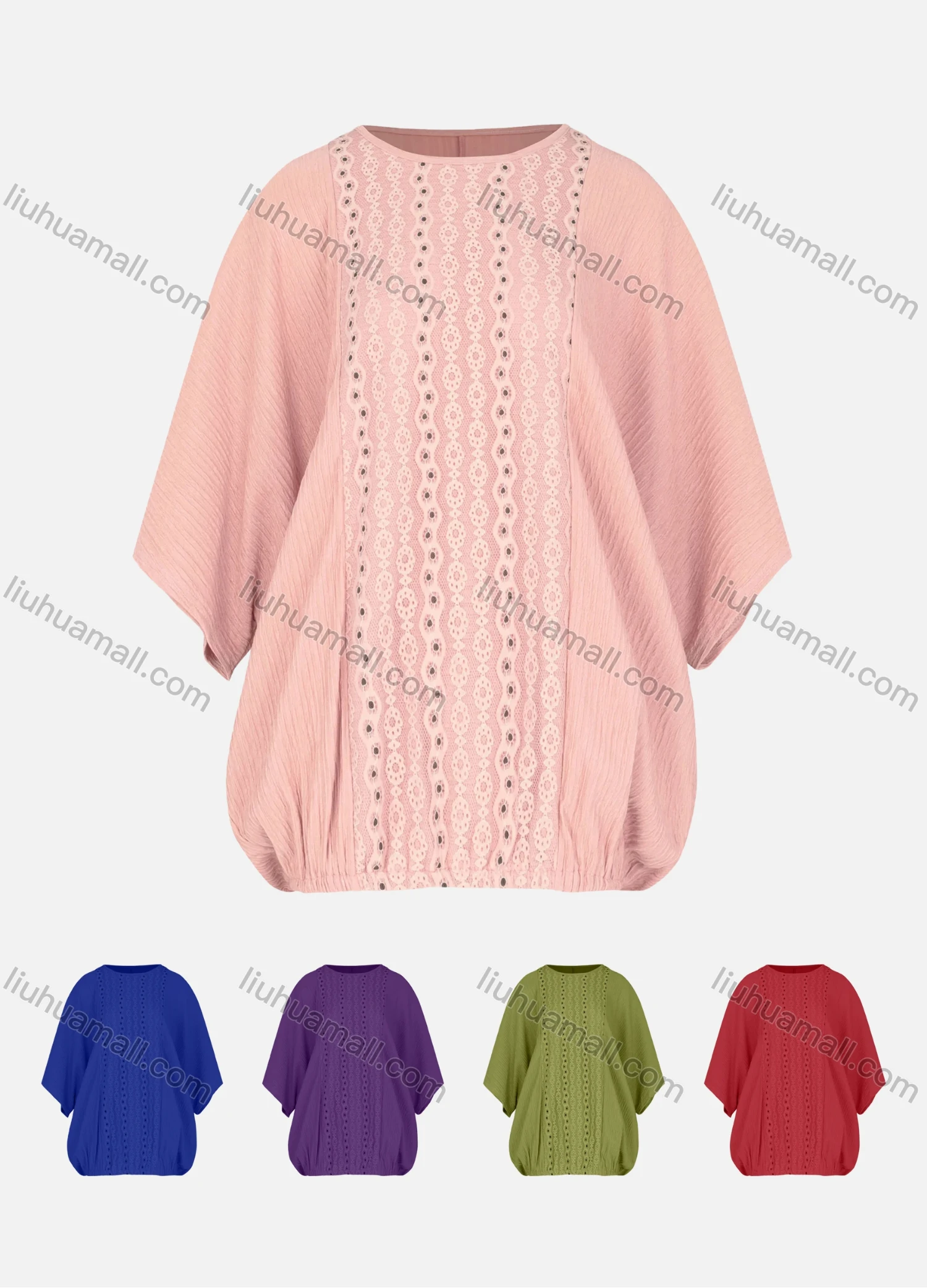 Wholesale Women's Elegant 3/4 Sleeve Eyelet Embroidered Pleated Blouse - Liuhuamall