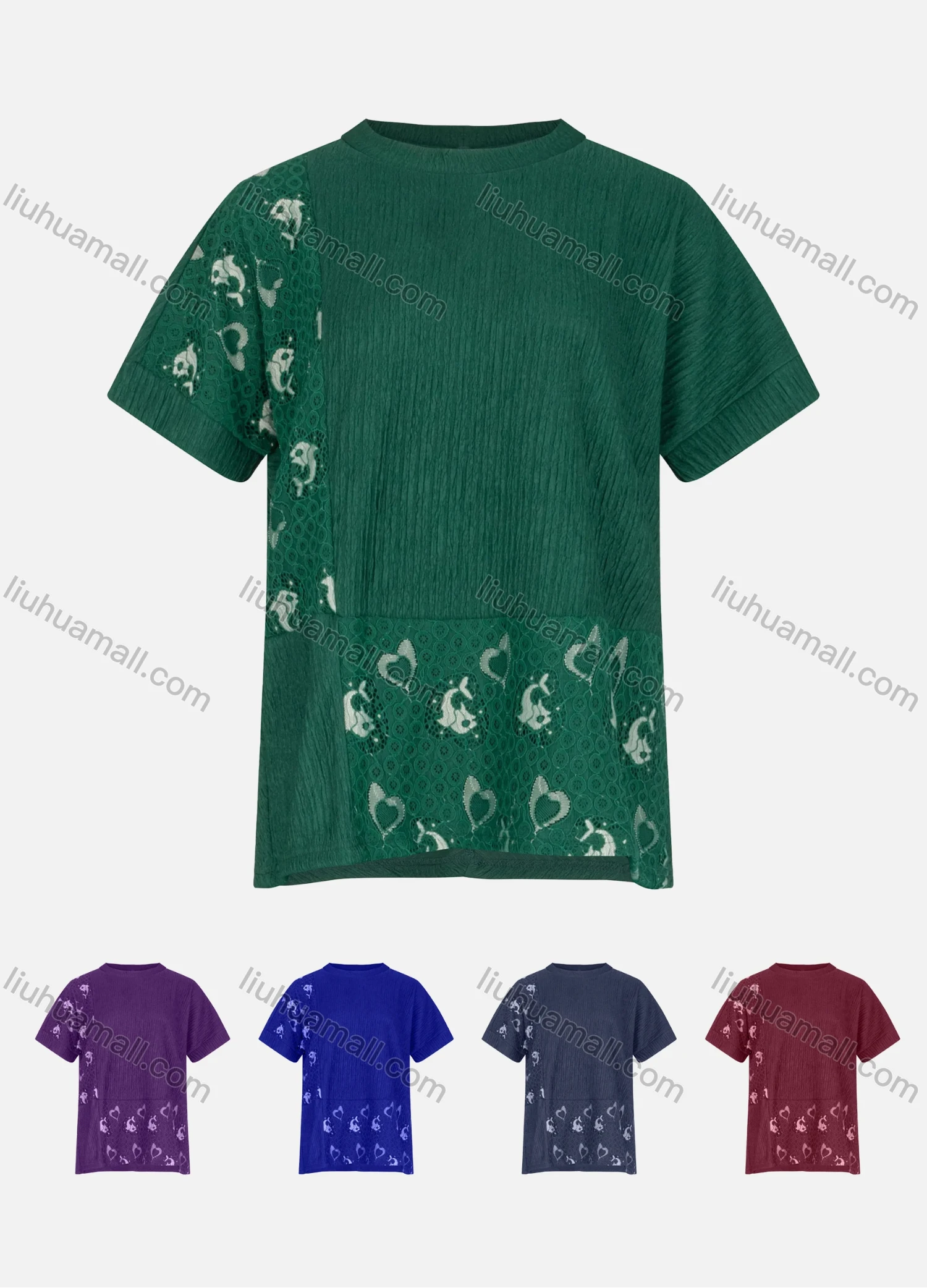 Wholesale Women's Round Neck Eyelet Embroidered Splicing Pleated Blouse - Liuhuamall