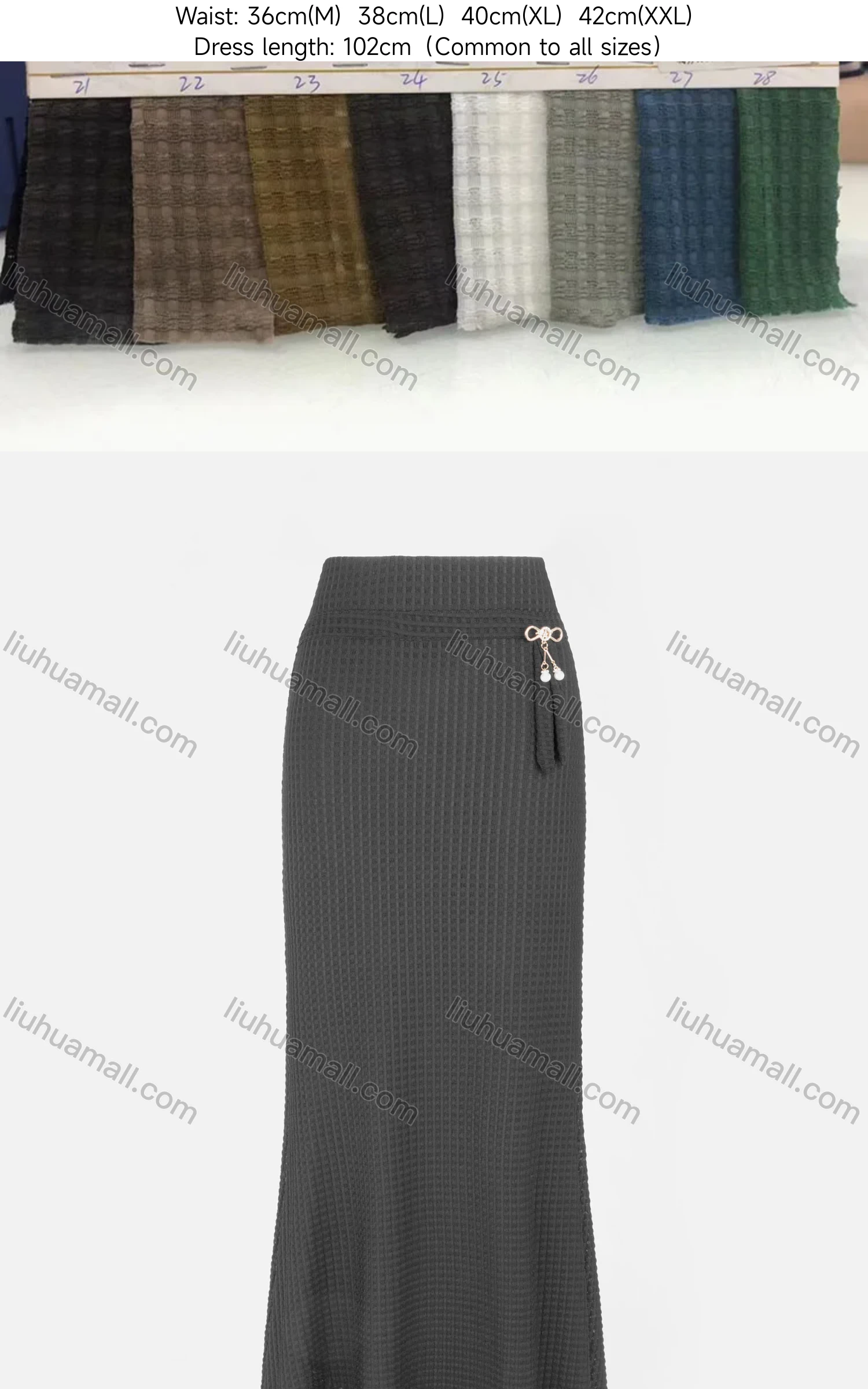 Wholesale Women's Casual Plain Elastic Waist Pearl Buckle Decor Waffle Knit Maxi Skirt - Liuhuamall