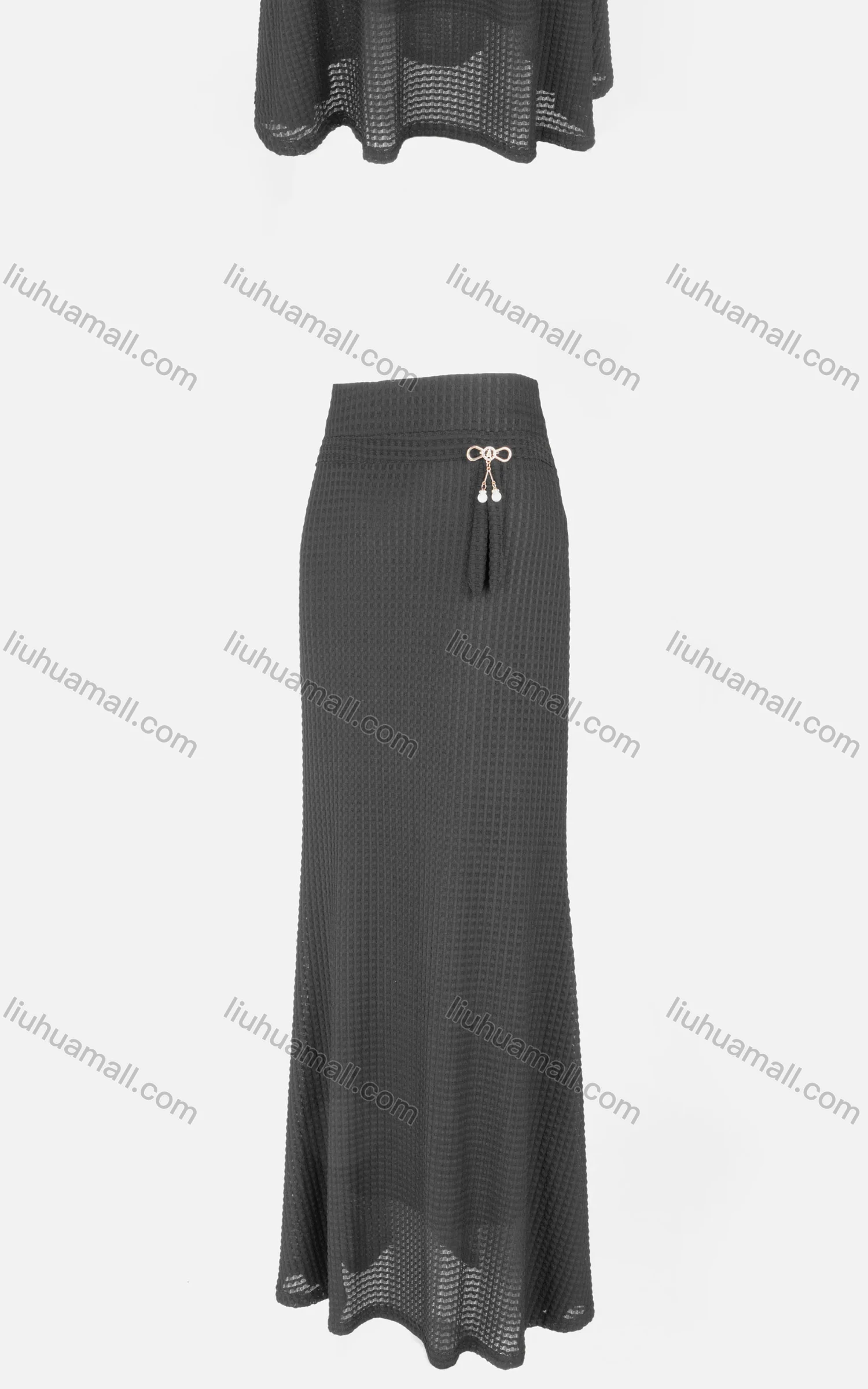 Wholesale Women's Casual Plain Elastic Waist Pearl Buckle Decor Waffle Knit Maxi Skirt - Liuhuamall