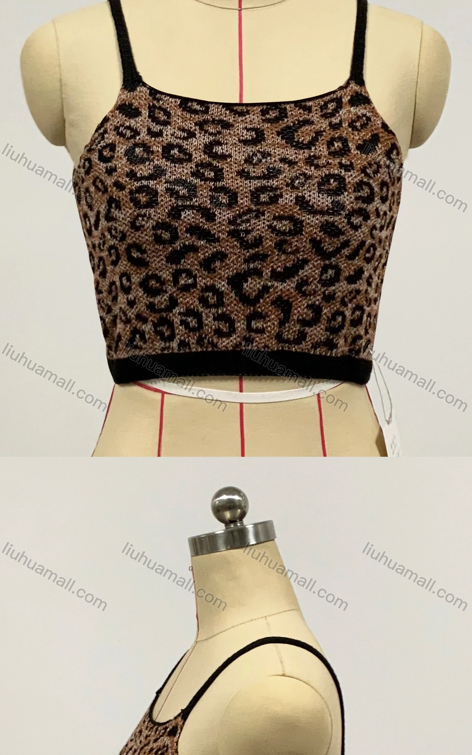 Wholesale Women's Fashion Sleeveless Square Neck Leopard Print Knit Crop Sweater Cami Top - Liuhuamall