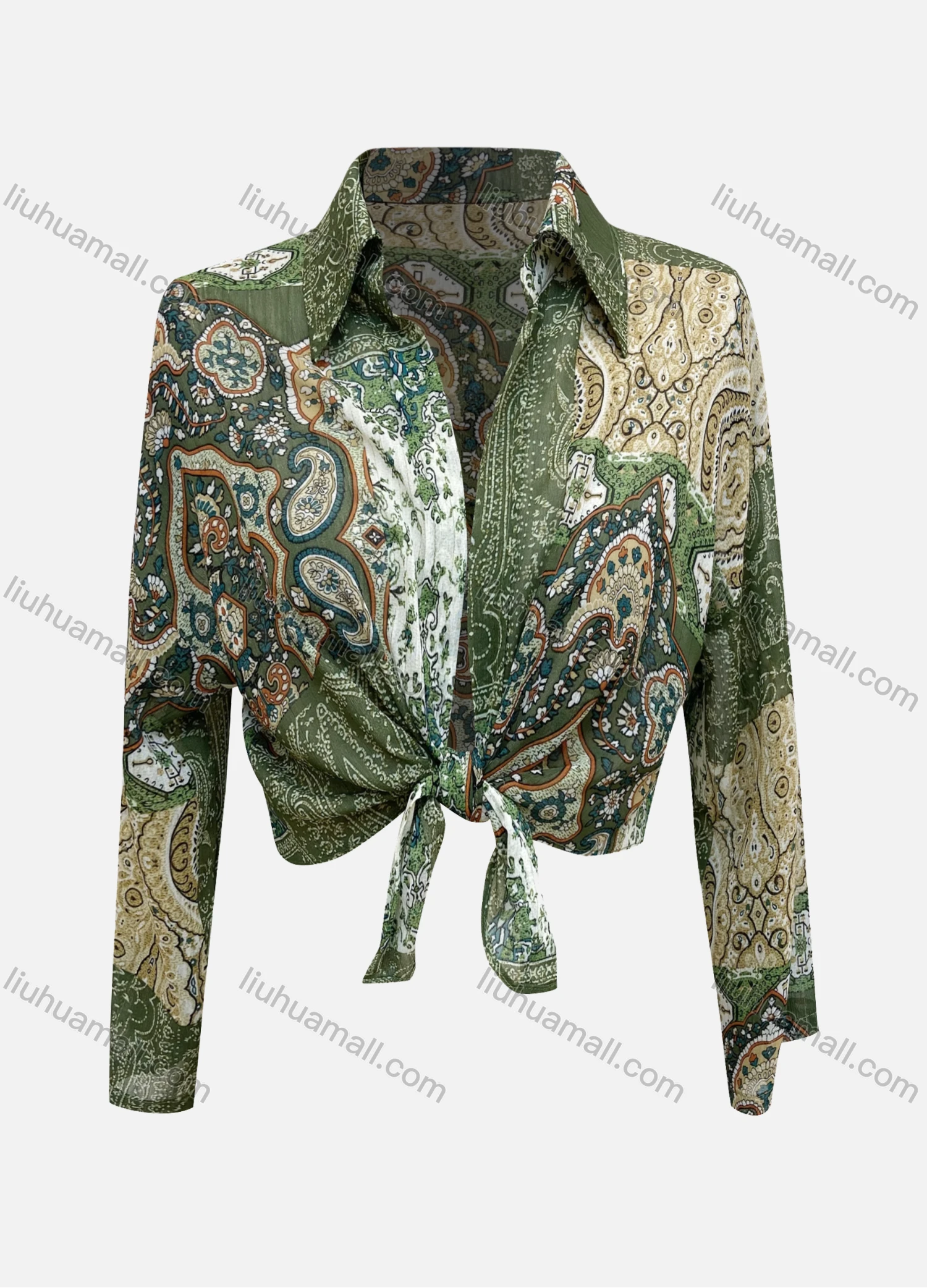 Wholesale Women's Vintage Lapel Folkloric Print Crop Shirt - Liuhuamall