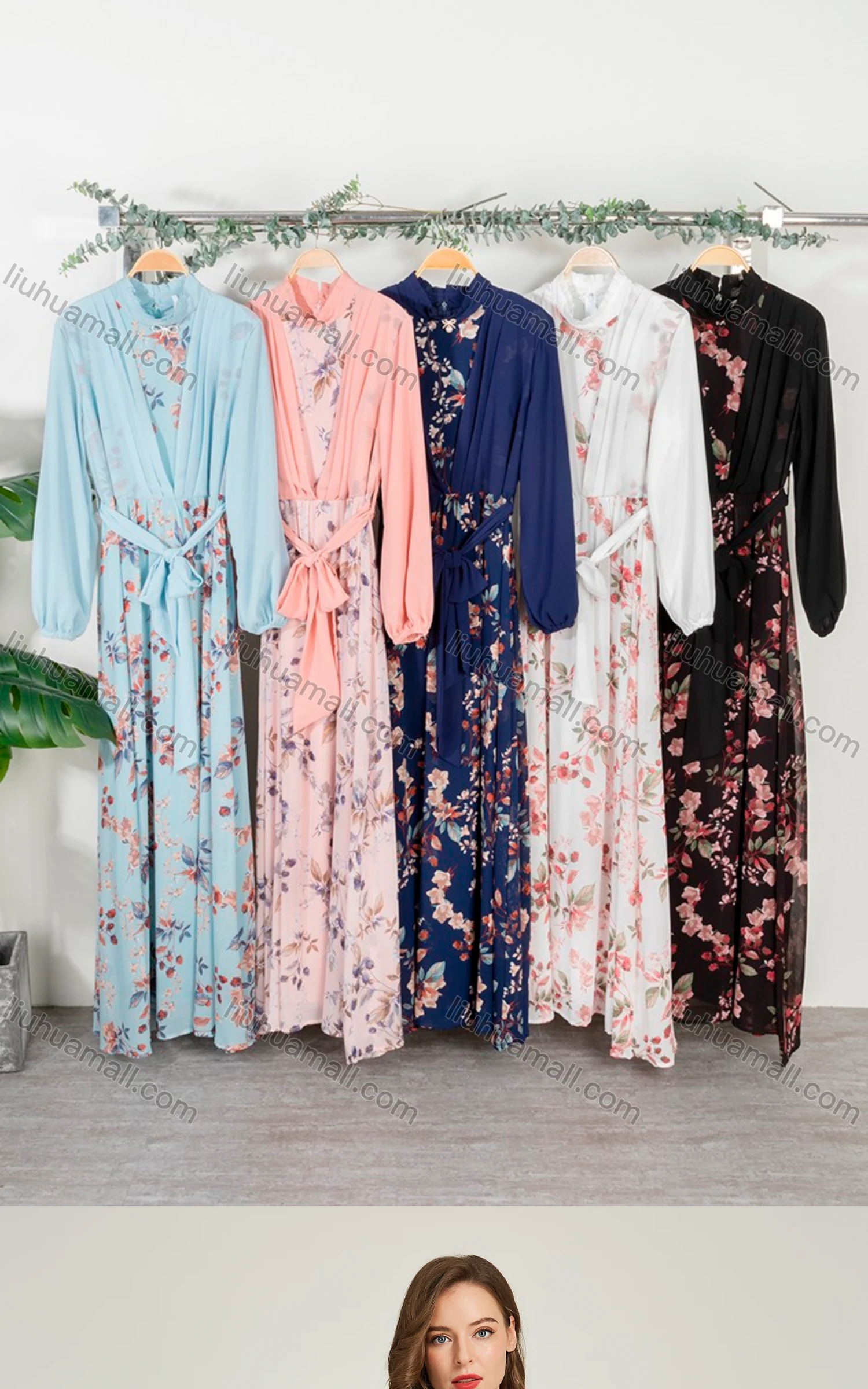Wholesale Women's Chiffon Mock Neck Floral Print Two In One Maxi Dress With Belt 0737-1# - Liuhuamall