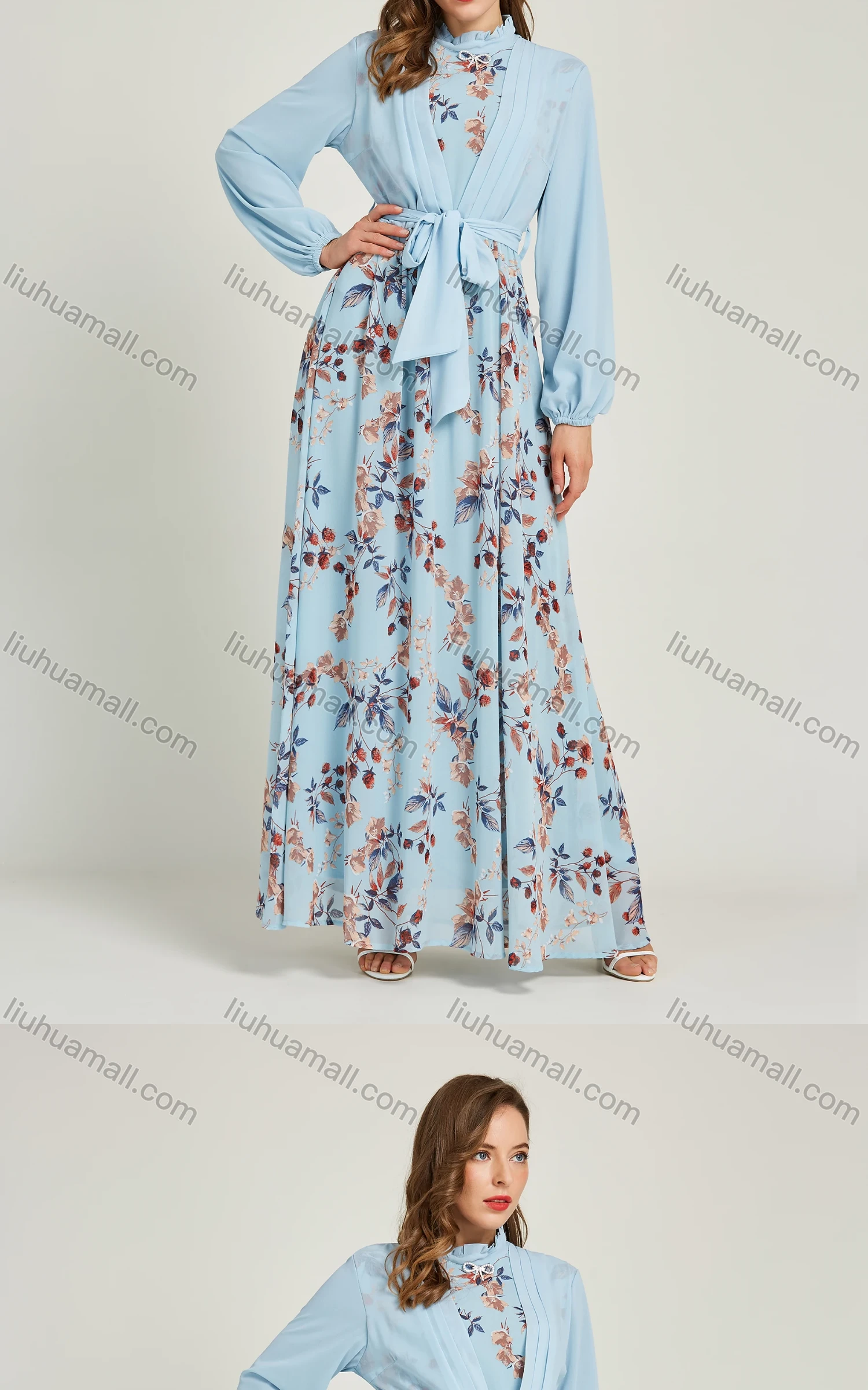 Wholesale Women's Chiffon Mock Neck Floral Print Two In One Maxi Dress With Belt 0737-1# - Liuhuamall