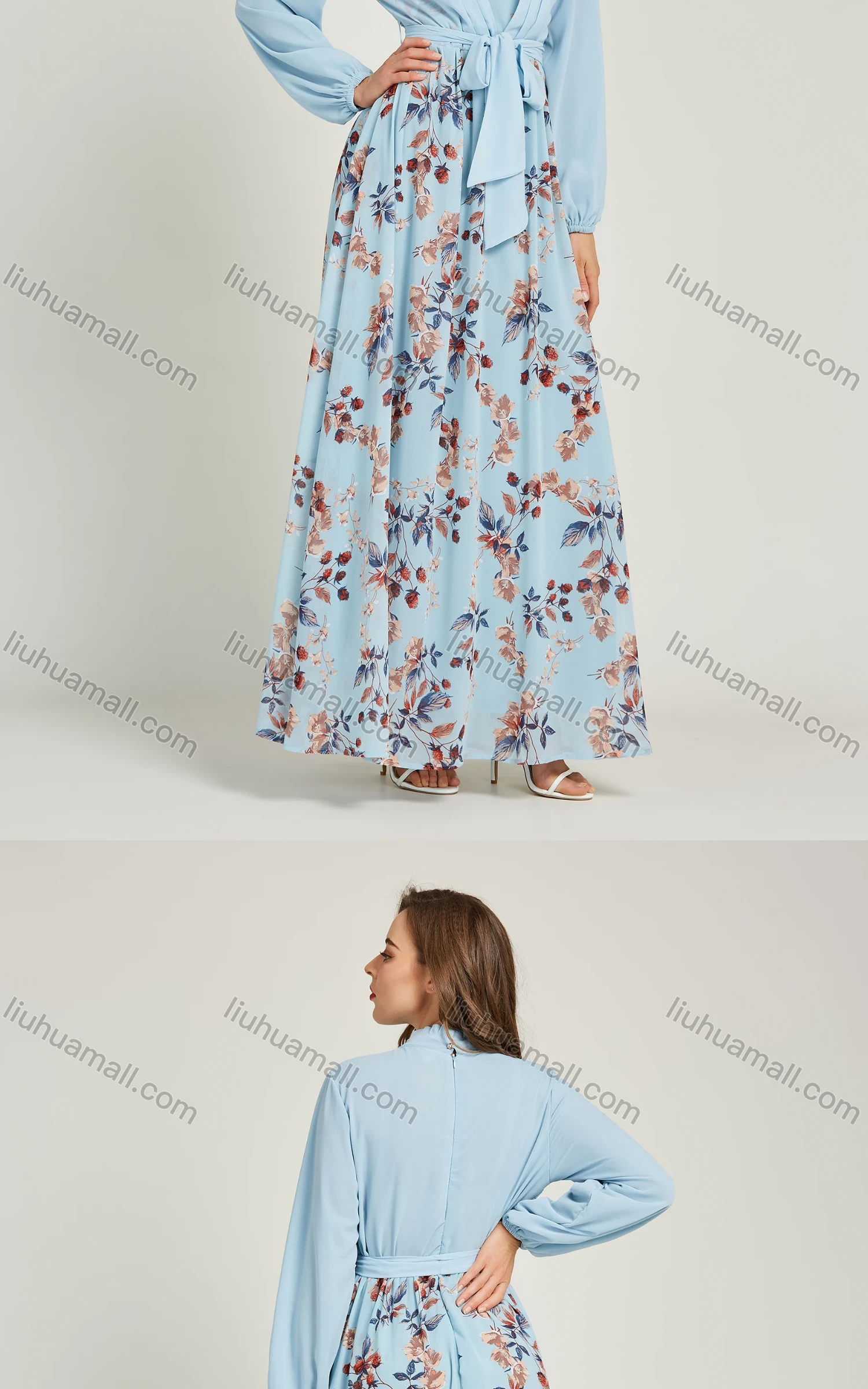 Wholesale Women's Chiffon Mock Neck Floral Print Two In One Maxi Dress With Belt 0737-1# - Liuhuamall