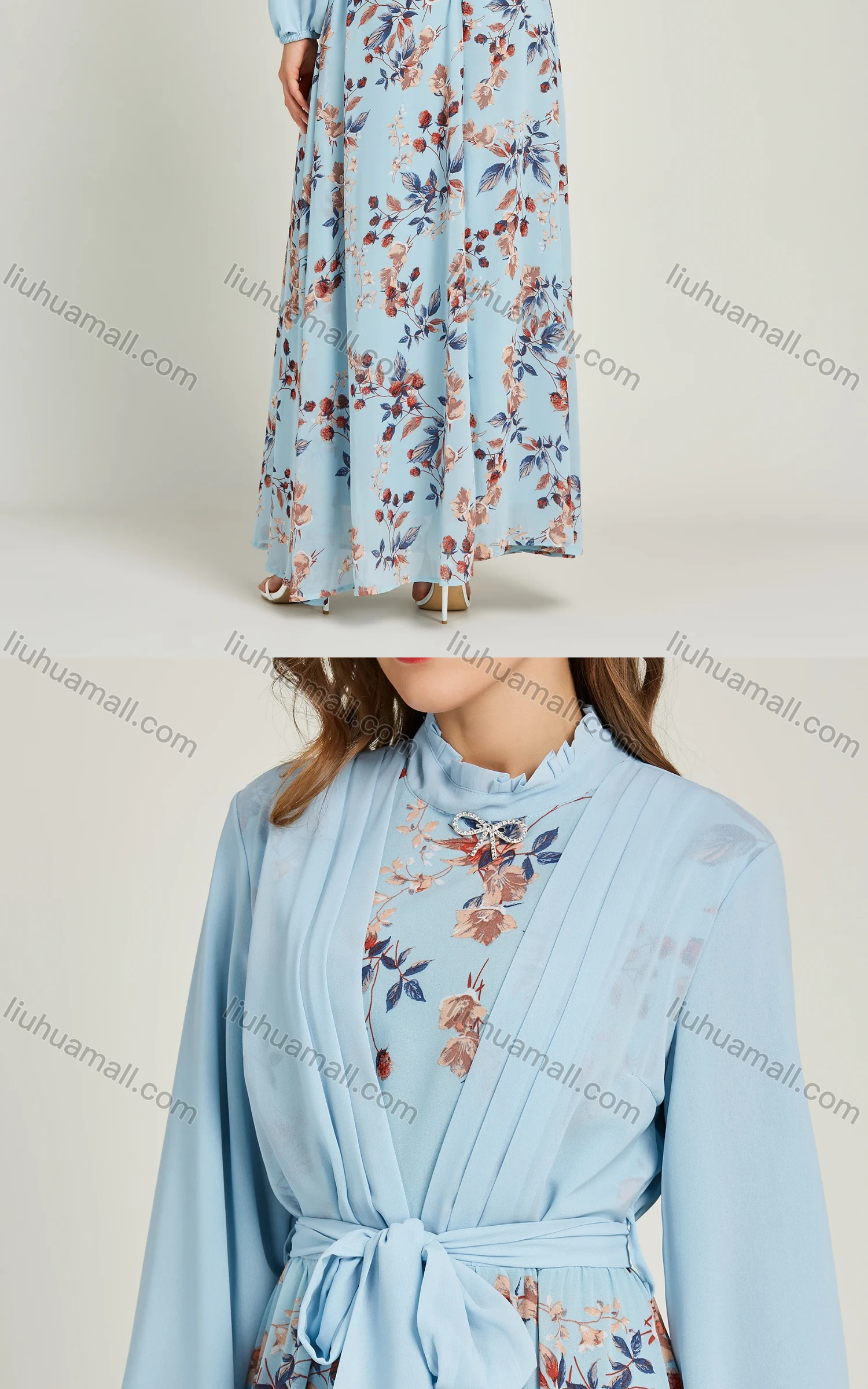 Wholesale Women's Chiffon Mock Neck Floral Print Two In One Maxi Dress With Belt 0737-1# - Liuhuamall