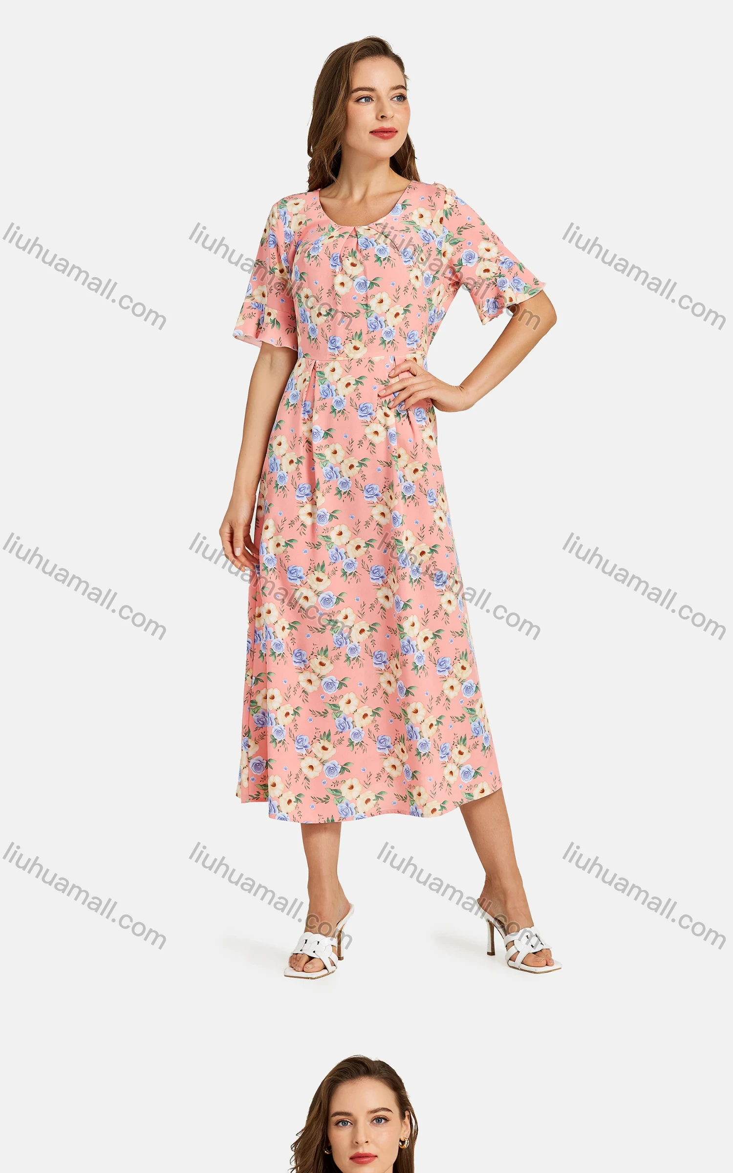Wholesale Woman's Casual Ruched Pleated Round Neck Bell Sleeve Floral Print Midi Dress - Liuhuamall