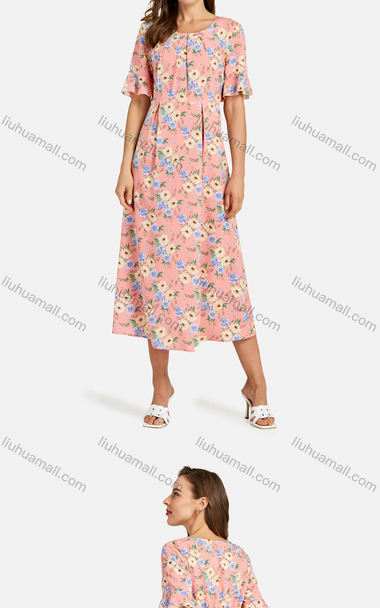 Wholesale Woman's Casual Ruched Pleated Round Neck Bell Sleeve Floral Print Midi Dress - Liuhuamall